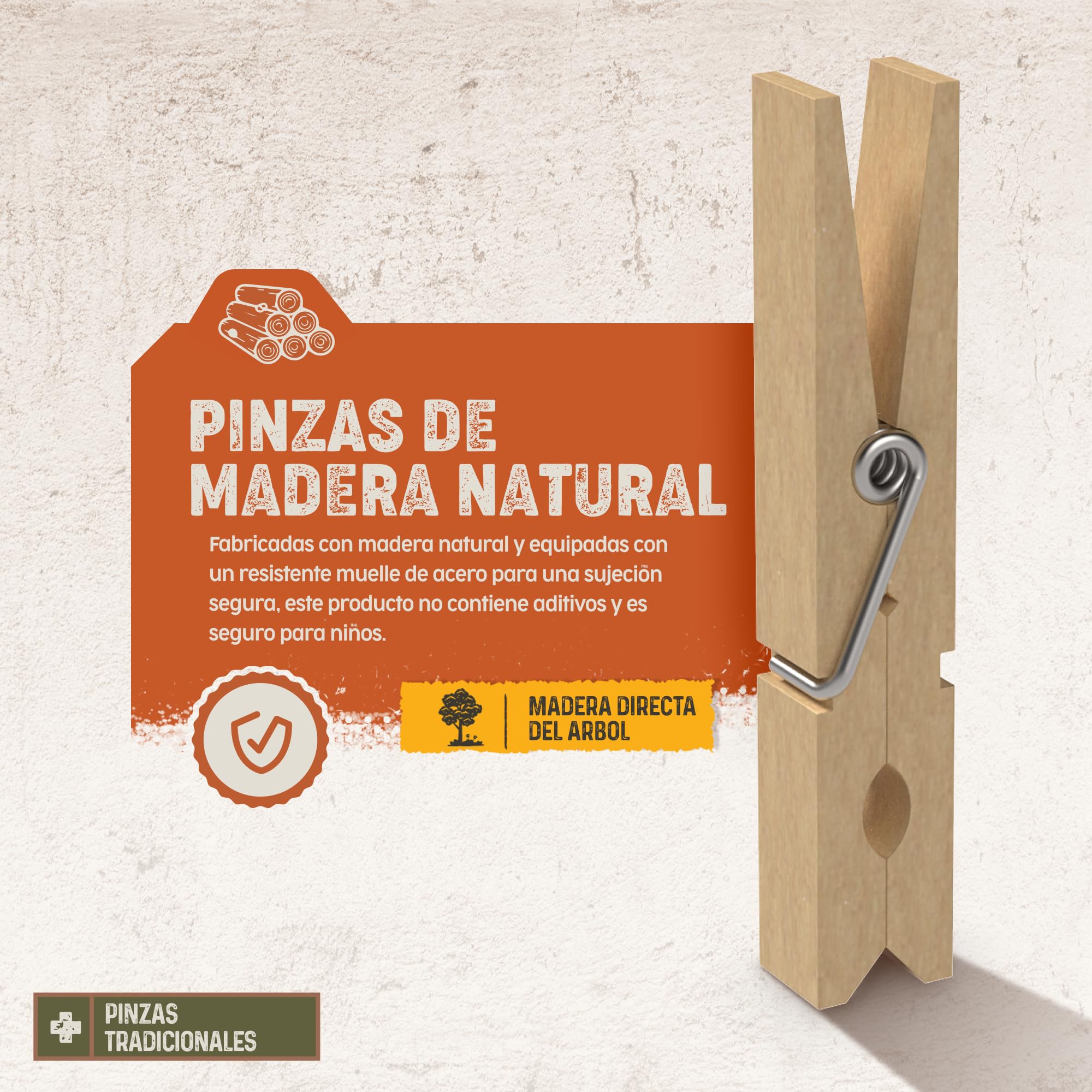 PORTENTUM Pinzas para Ropa de Madera, Set de 100, Color Natural - Resistentes con Fuerte Agarre para Tendedero Exterior, Manualidades y Hogar, Tamaño 7,5 x 1,0 x 1,3 cm