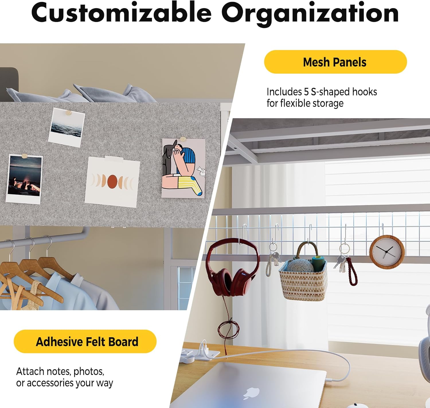 Full Size Loft Bed with Desk, Charging Station, LED Lights and Storage, Heavy Duty Metal Gaming Loft Bed Frame with Safety Guardrail & Ladder for Adults, Space-Saving, White