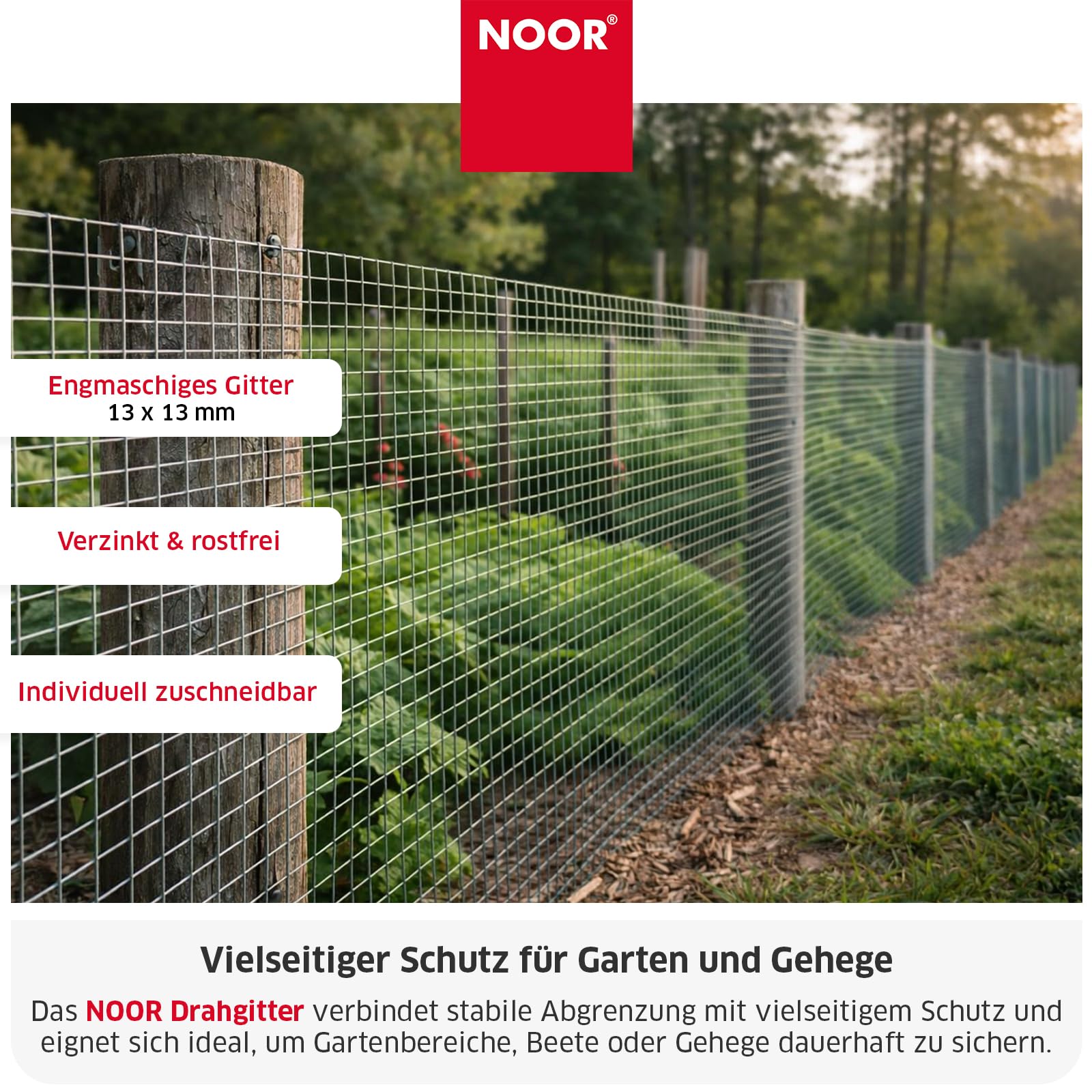 NOOR Drahtgitter - Volierendraht verzinkt 13 mm - Silber 100x1000 cm | vielseitiger Drahtzaun für Wühlmausschutz, Beete & Kleintiergehege - engmaschig, rostbeständig, langlebig & zuschneidbar