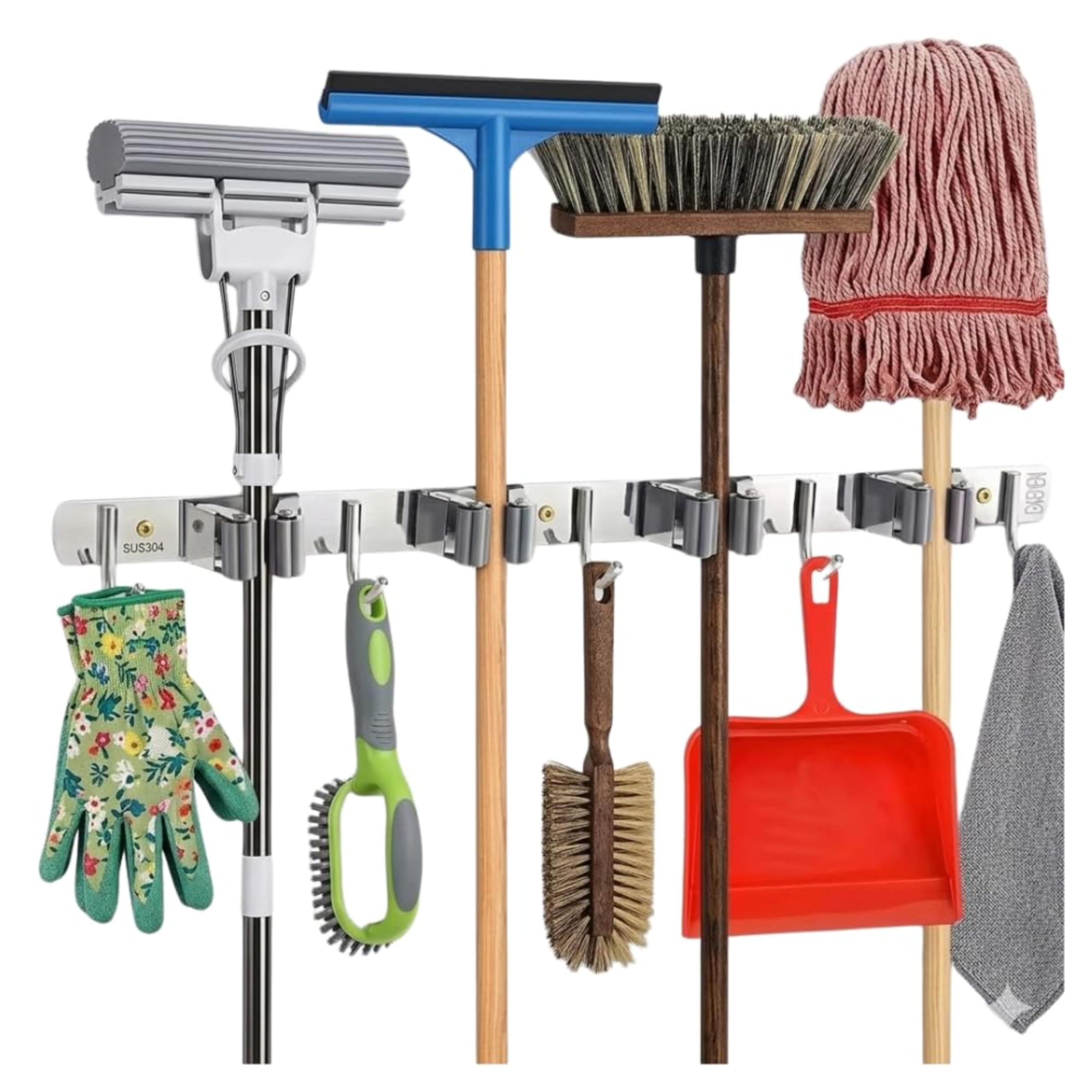 Broom Mop Holder Wall Mount Stainless Steel Wall Mounted Storage Organizer Heavy Duty Tools Hanger with 4 Racks 5 Hooks for Kitchen Bathroom Closet Garage Office Garden 1Pc broom holder