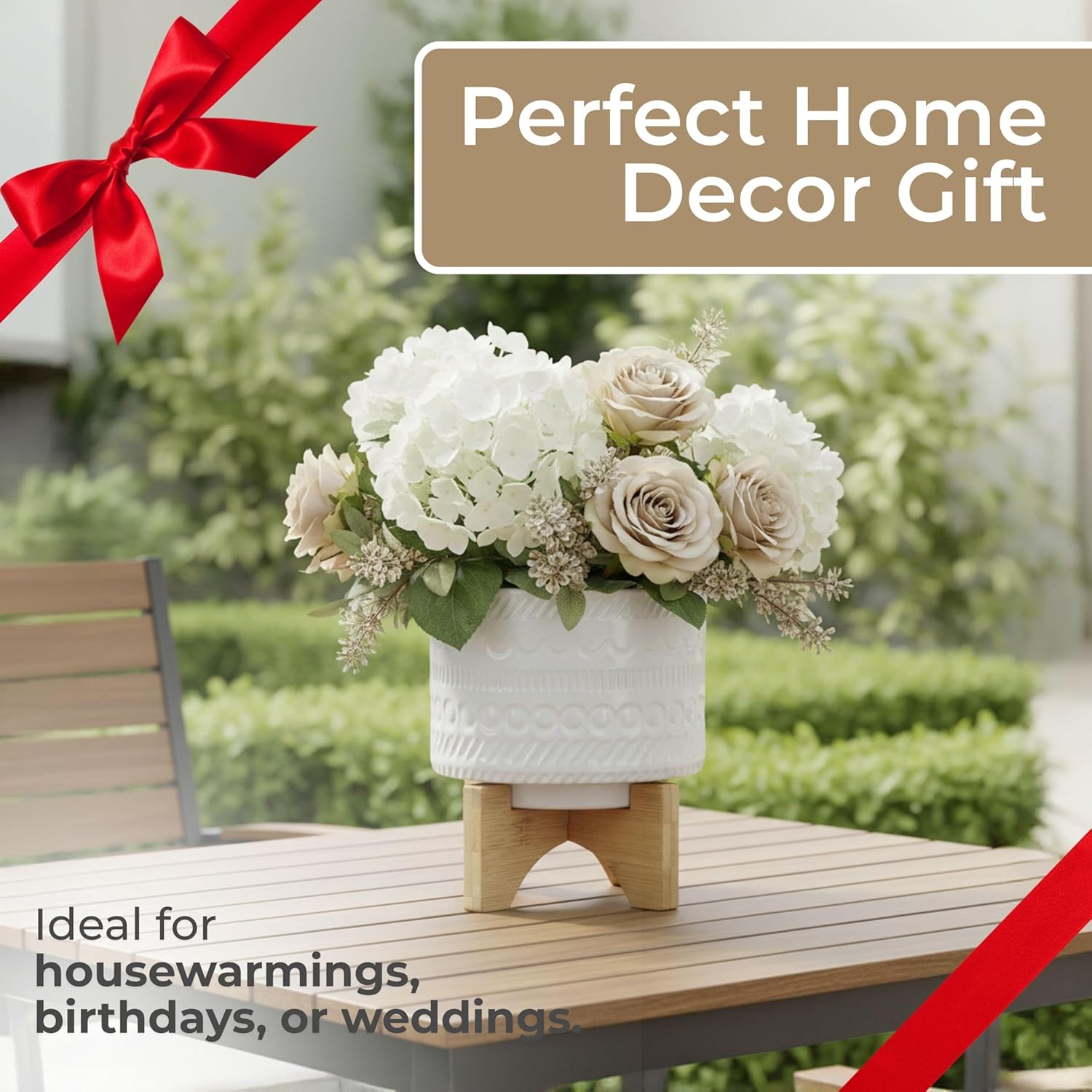 Tribal Look Footed Decorative Planter Pot – Ceramic Stoneware Outdoor and Indoor Plant Pot – Modern Garden and Home Decor Ceramic Planters with Wooden Stand– 8", White