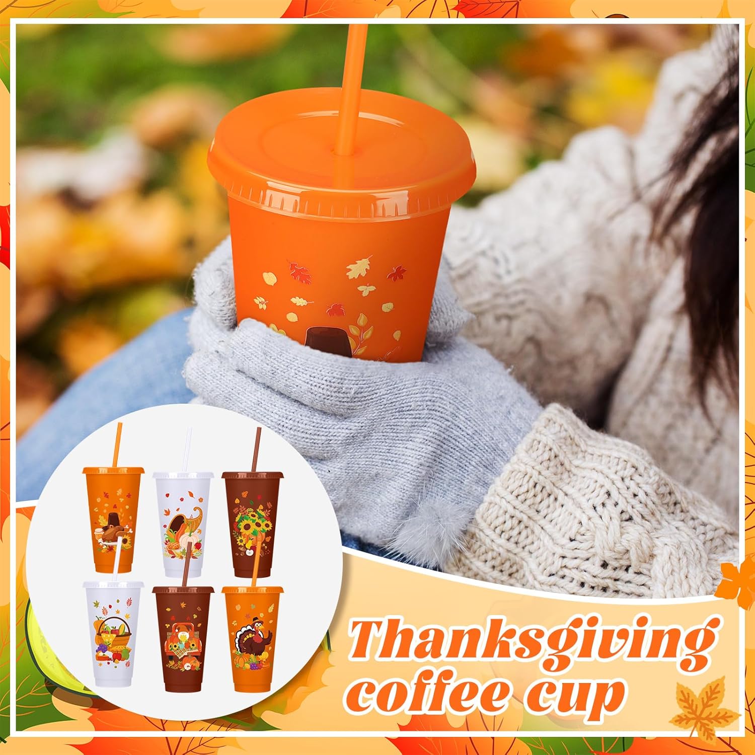 Pickmesh 12 Pack Thanksgiving Turkey Reusable Coffee Cups Gift with Lids Straws 24 oz Fall Autumn Plastic Tumblers Mugs Bulk Travel Coffee Mug for Hot and Cold Drinks