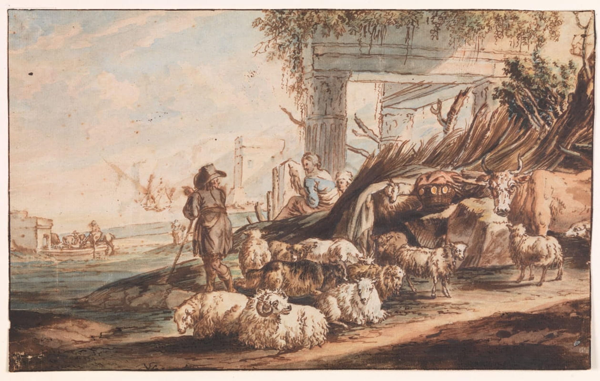 HRJUBWREE Oil Painting Prints on Canvas Painting Picture Shepherd with a Flock of Sheep and a Cow Among Ruins by Jan Baptist Weenix Artwork Canvas Prints for Home Decor 60x90cm