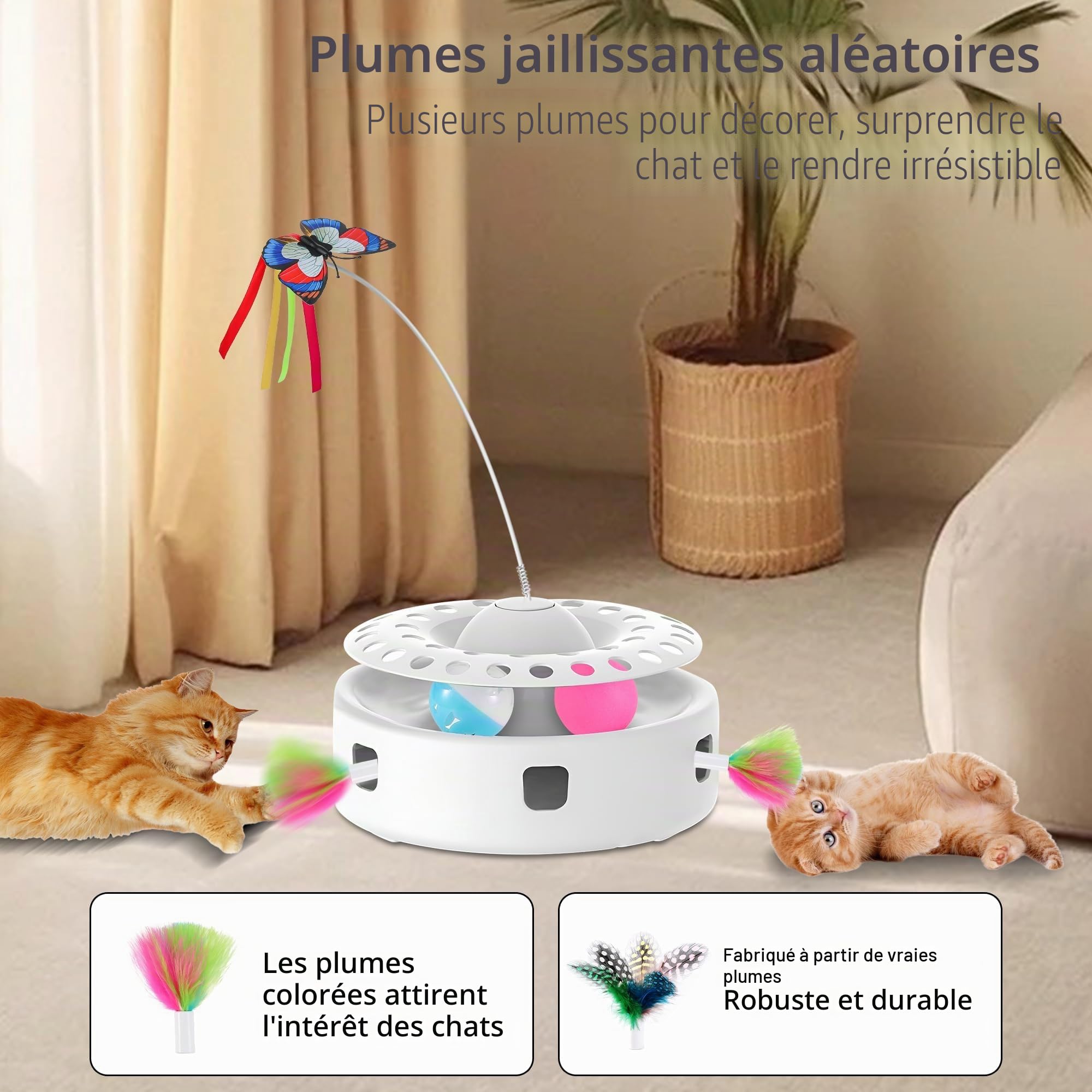 Soarer Cat Toy 3 en 1 Jouet Interactif Automatique pour Chatons, Papillons Volants, Plumes Volantes, Livré avec 4 Accessoires Remplaçables, Boule À Rouler Tactile, Mode Double Alimentation
