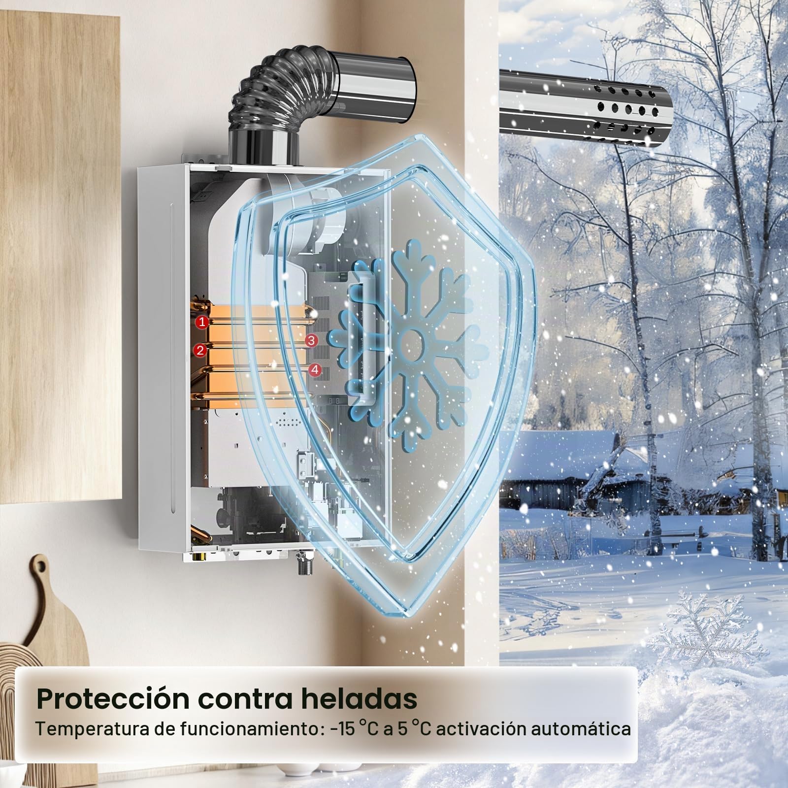 Calentador de agua instantáneo de gas para interiores ECO, ThermoMate 12 litros ErP/Calentador agua a gas natural con bajas emisiones de NOx, calentador de agua doméstico para cocinas y baños