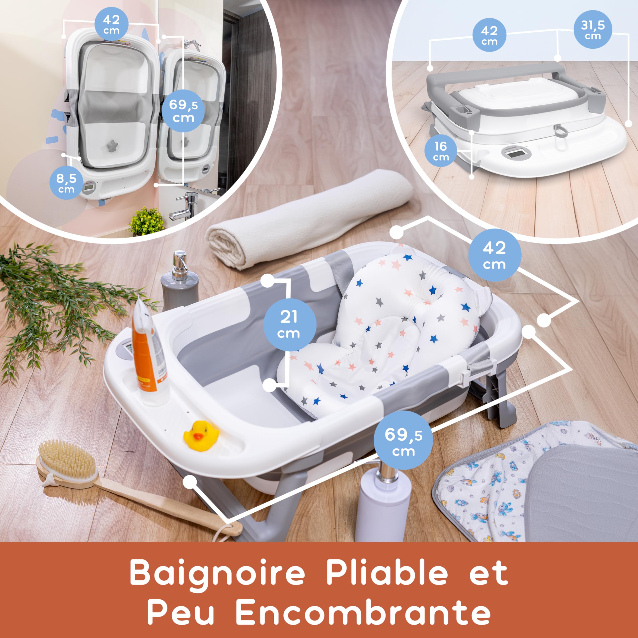 JOLLY MINO Baignoire Pliable Bébé avec Thermometre Digital et Coussin de Bain