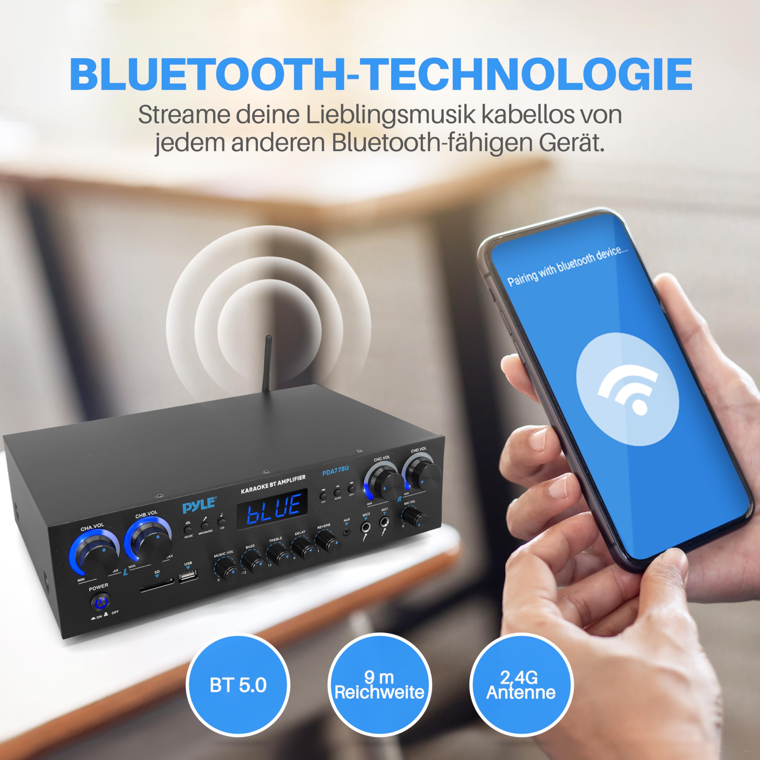 Pyle Amplifier, 800W Bluetooth Verstärker – 4-Kanal Mini Amp mit MP3, USB, AUX, SD, Mikrofon, FM, RCA, Reverb/Delay – Stereo für Heimkino, Studio & Theater, 4-Eingang-Verstärkersystem