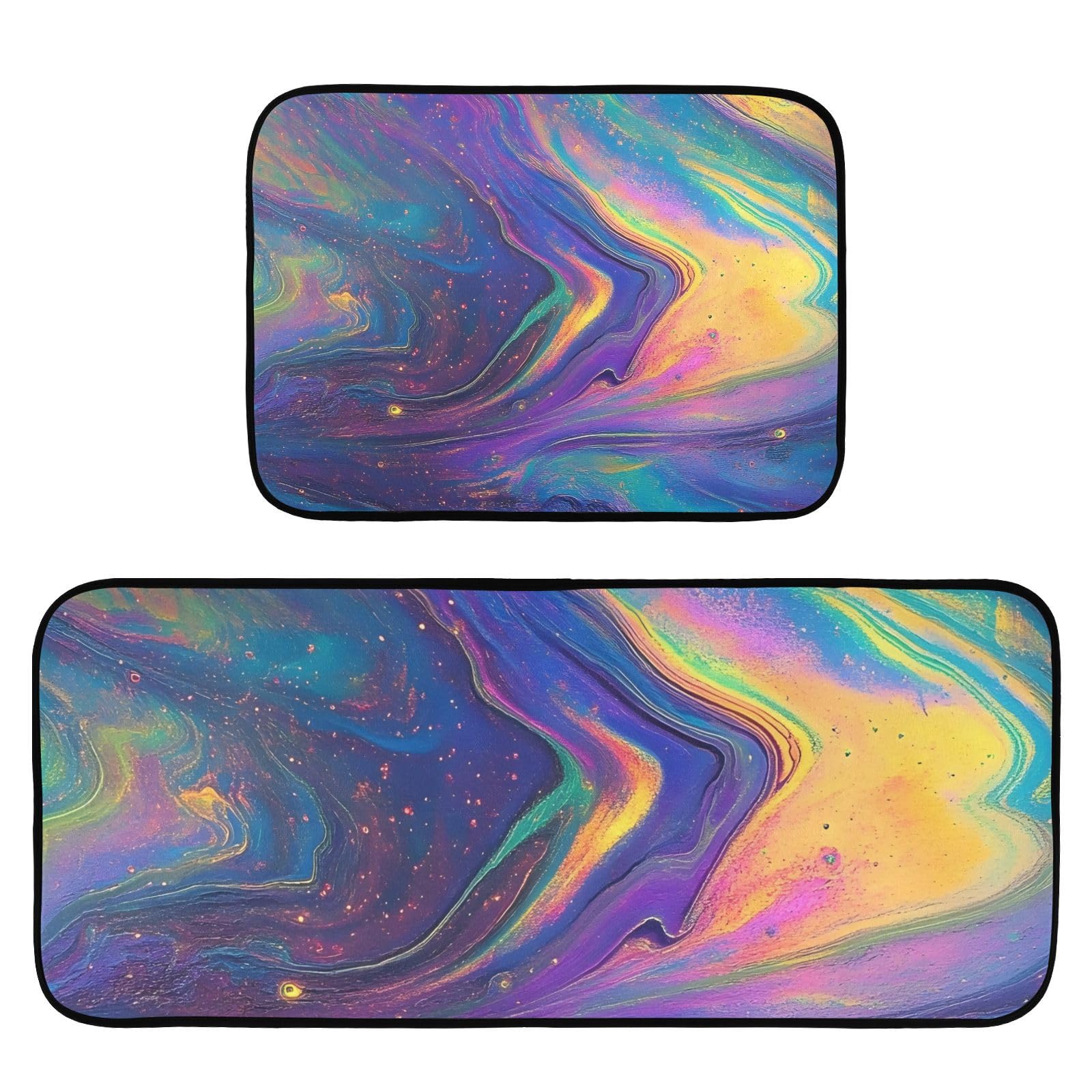 BOENLE Psychedelic Rainbow Laser Kitchen Rugs and Mats Non Skid Washable Kitchen Rug Set 2 Piece Carpet Ergonomic Comfort Standing Mat for Kitchen,