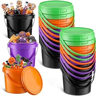 Funnymoom 20 Pack 48 oz Halloween Trick or Treat Candy Buckets for Parties | Black Orange Purple, Plastic Round, Ice Pail Basket, with Lid and Handle, for Halloween Holiday Party Supplies