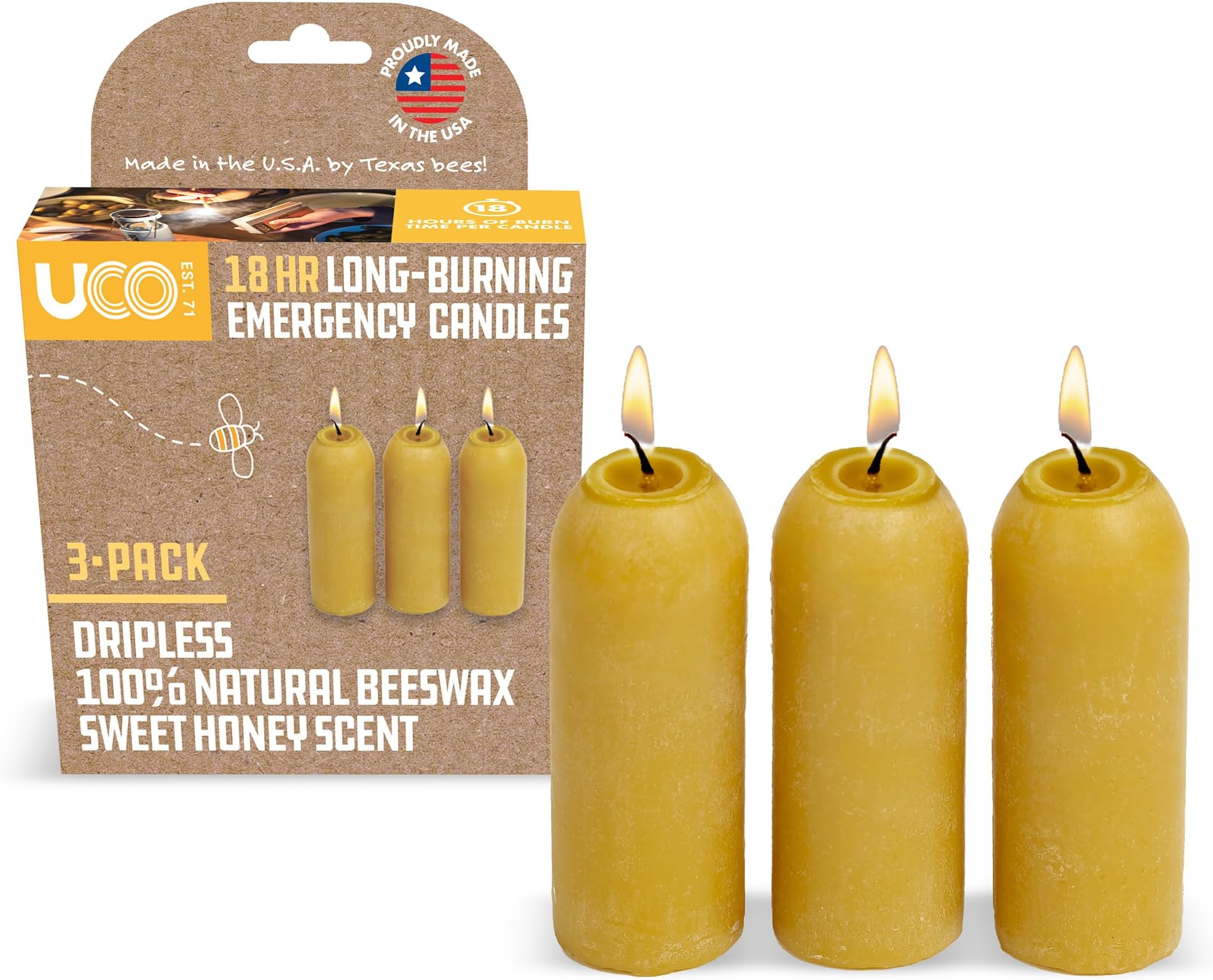 12-Hour Natural Beeswax Long-Burning Candles for UCO Candle Lanterns and Emergency Preparedness, Made in USA