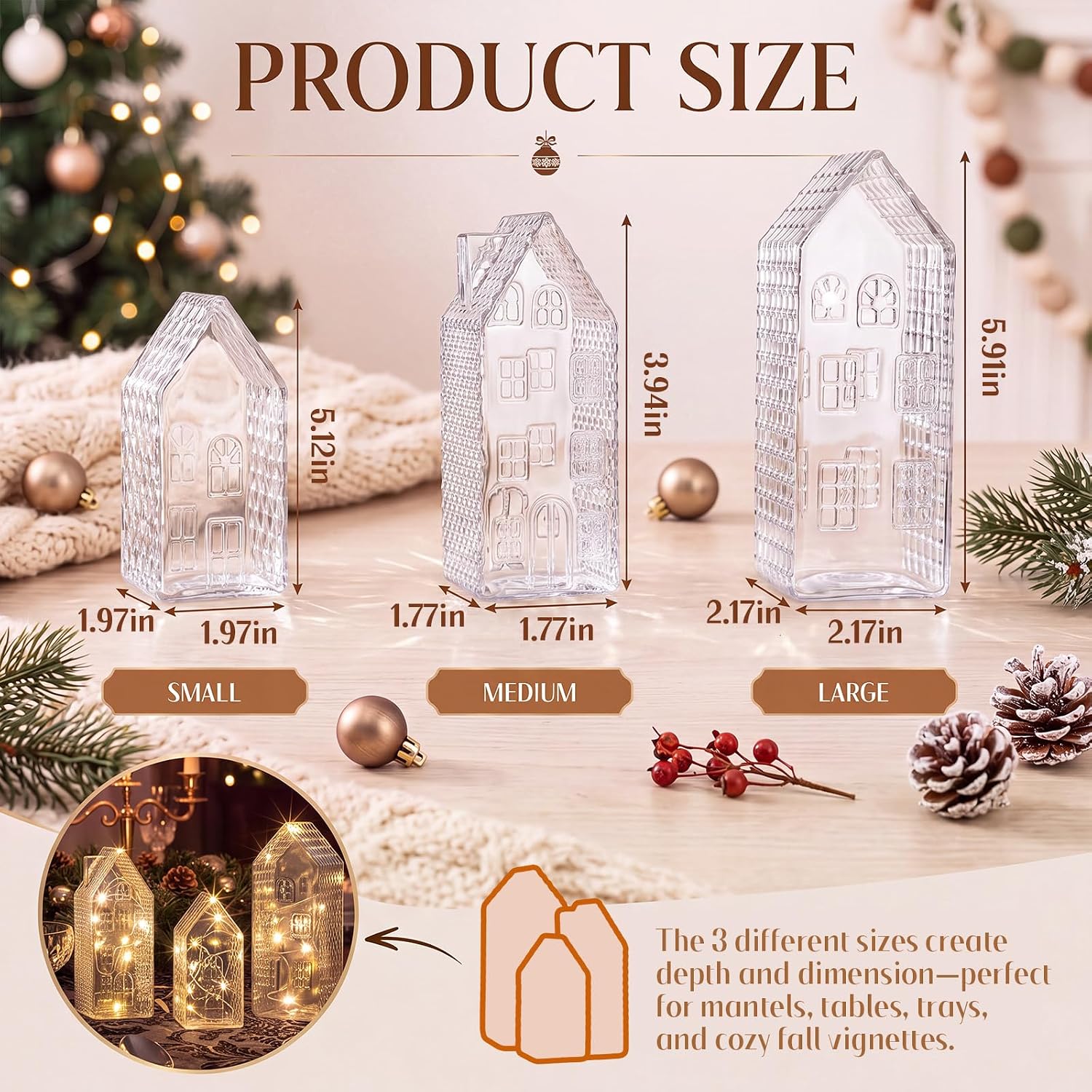 Suclain 3 Set Christmas Glass House Decoration with LED Lights and Remote
