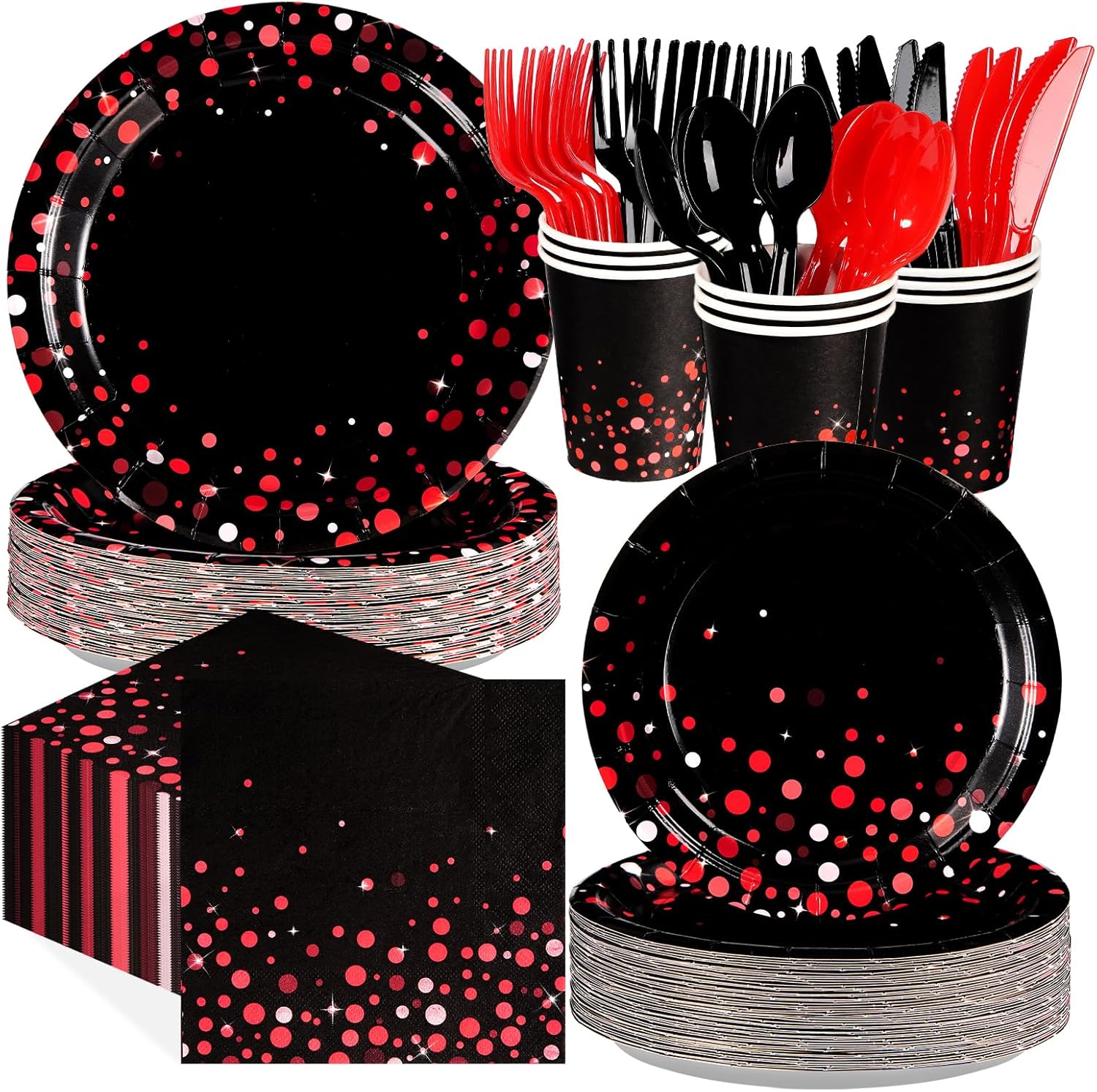 Grencian 560Pcs Black and Red Party Decorations Red Dot on Black Plates Napkins Cups Forks Knives Spoons Disposable Paper Tableware Set for Birthday Wedding Baby Shower Party Supplies Serve 80