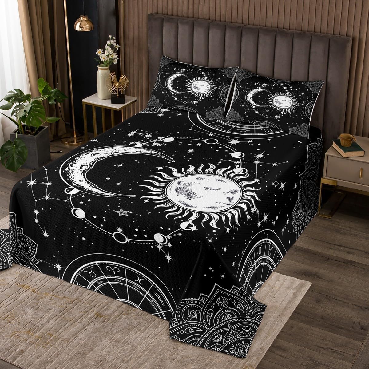 Feelyou Galaxy Bedspread Constellation Quilted Coverlet for Kids Boys Girls Teens Gothic Style Boho Mandala Coverlet Set Breathable Sun and Moon Quilted Black White Room Decor Queen Size