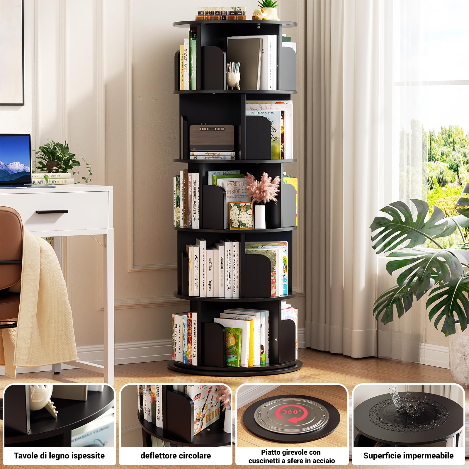 iSunirm Libreria Girevole,Scaffale Per Libreria Da Terra A 5 Livelli,Scaffale Portaoggetti per Bambini e Adulti,Stretto In Legno Per Camera Da Letto, Soggiorno,Nero