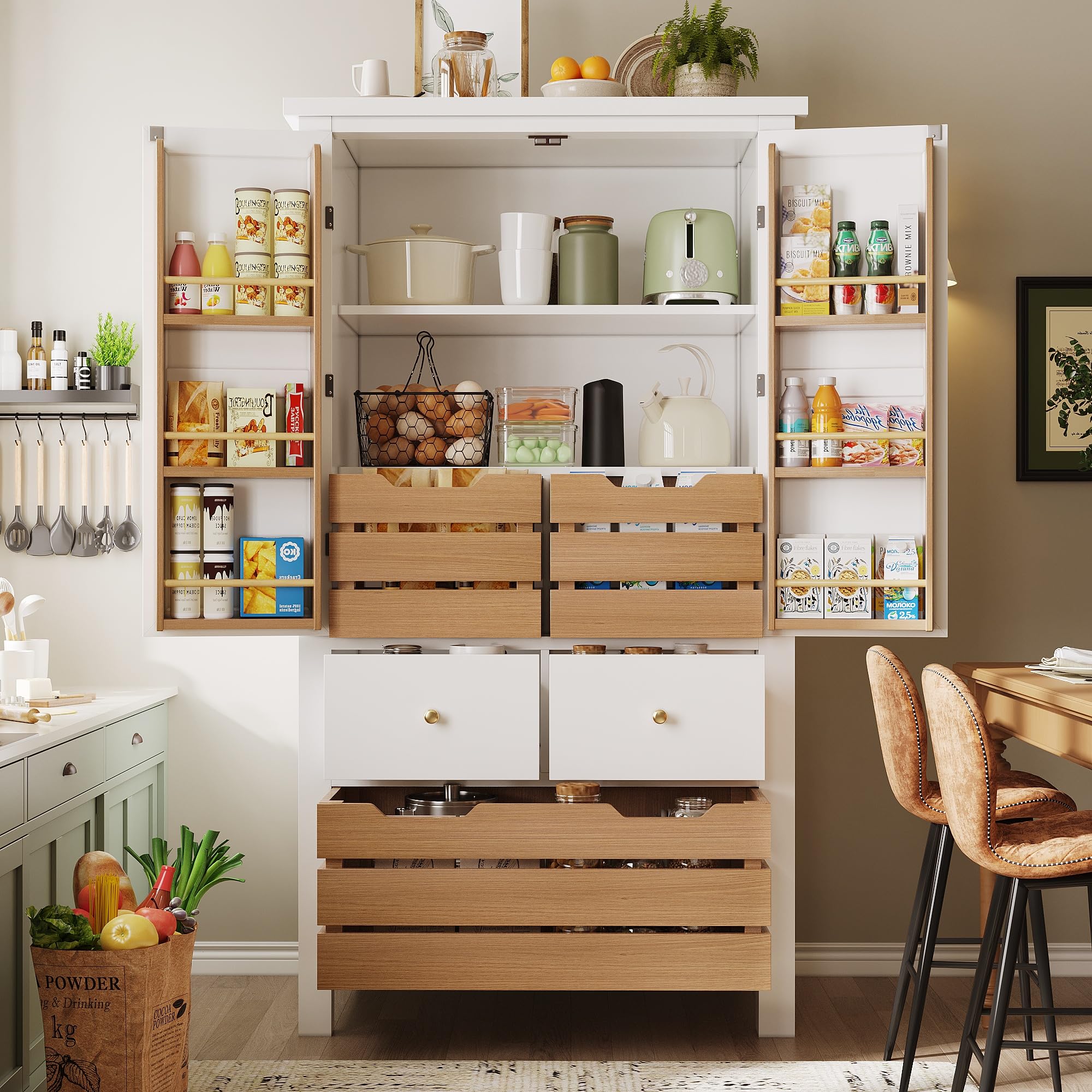 Kebnor Küchenschrank (80x40x140cm), hohes Küchenbuffet, Mehrzweckbuffet, Snackschrank, Aufbewahrungsmöbel mit Zwei Türen und fünf Schubladen (weiß)