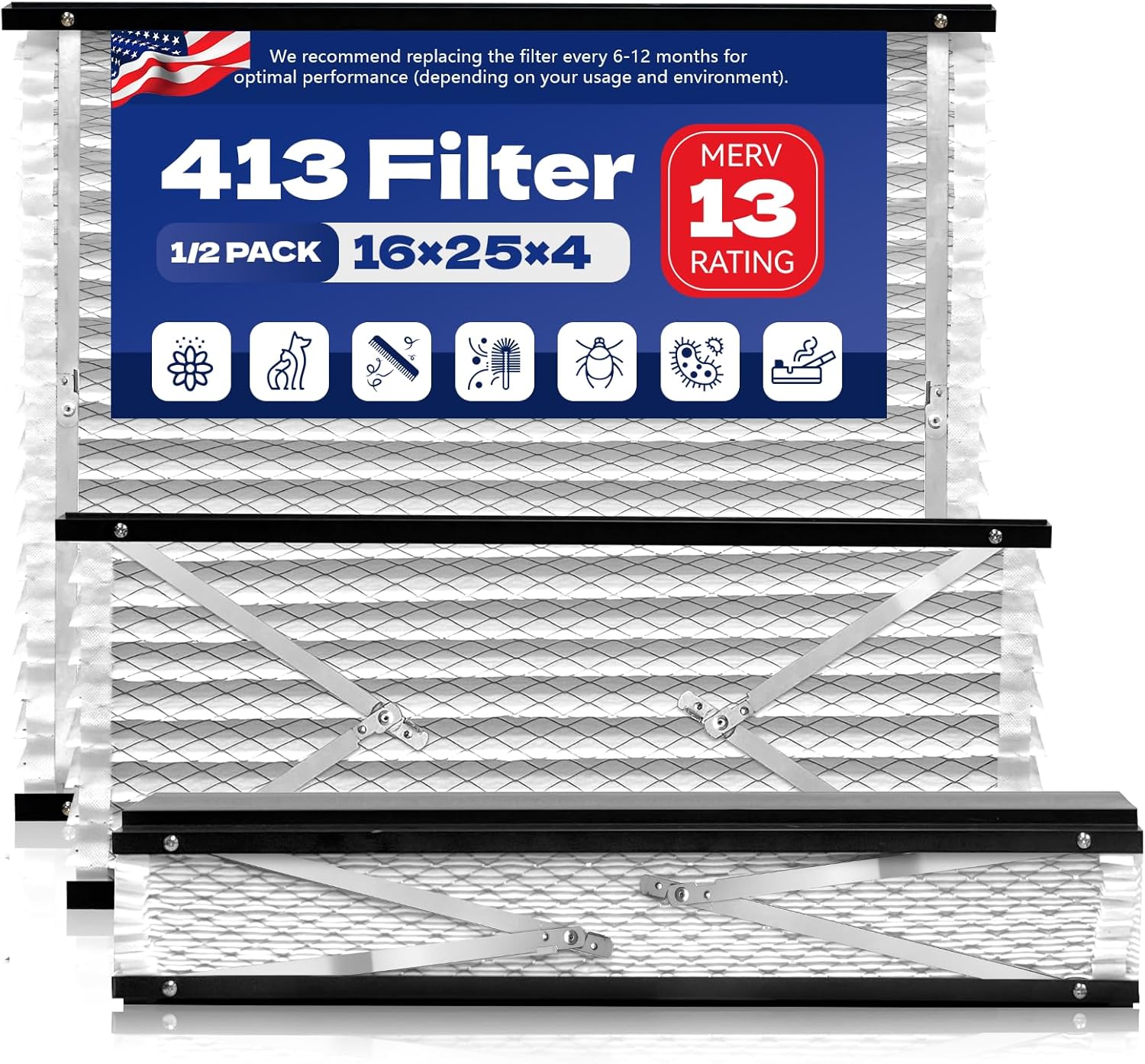 2-pack 413 replacement air filter compatible with aprilaire, merv 13 air purifiers for whole house models 1410, 1610, 2410, 2416, 3410, 4400, size 16x25x4(16.7x27.8x4) furnace filter