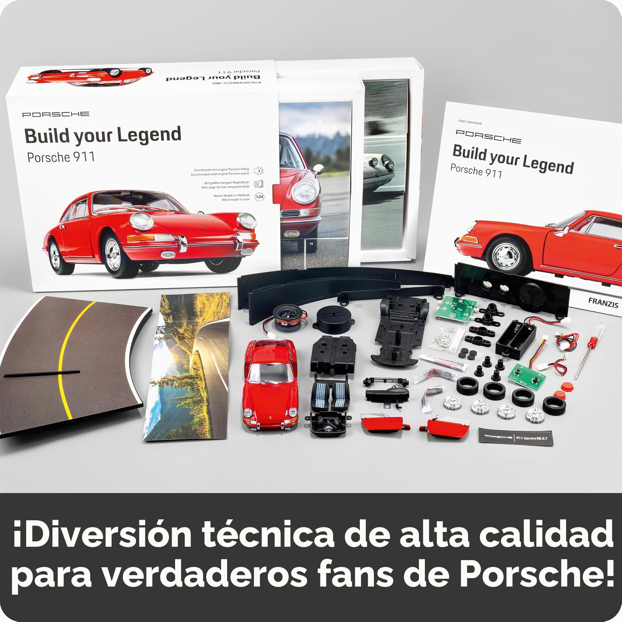 FRANZIS 67247 Porsche 911 Build Your Legend - Juego de construcción Detallada (Incluye módulo de Sonido, iluminación LED, Libro de acompañamiento)