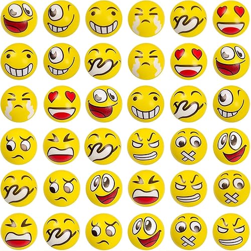 LovesTown Mini bolas antiestrés, 36 bolas de 2 pulgadas con cara sonriente para apretar, color amarillo, divertidas, de espuma, juguetes para