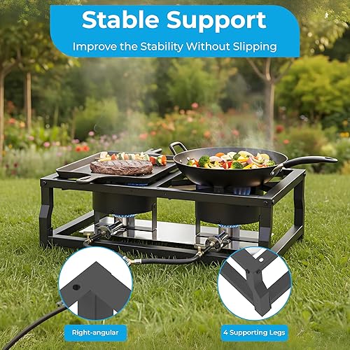 Miniatura 5 de Estufa de campamento de doble quemador de mesa, cocina portátil de gas propano de 100,000 BTU con regulador CSA, marco de acero resistente para
