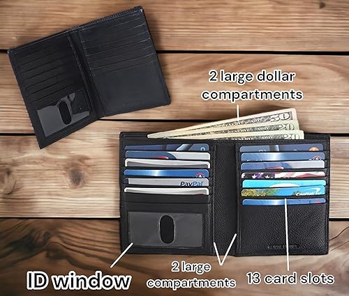 Miniatura 3 de F&L CLASSIC Cartera de Cuero Bi-Fold Grande Estilo Hipster con Bloqueo RFID para Hombre, 13 ranuras para tarjetas de crédito, Negro, Talla única