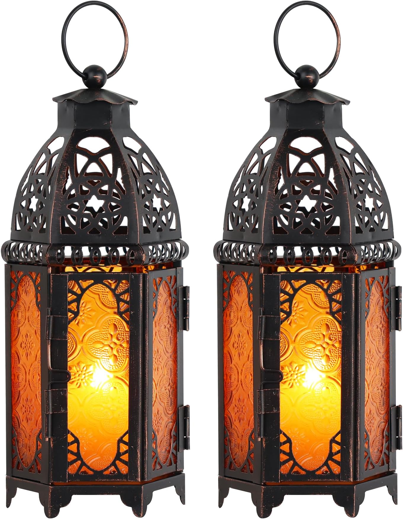 DECORKEY Set of 2 Moroccan Lanterns Decorative Indoor & Outdoor, 11’’ Medium Size Vintage Metal Hanging&Tabletop Candle Holder Decor, Halloween Christmas Ramadan Decorations for Home (Amber)