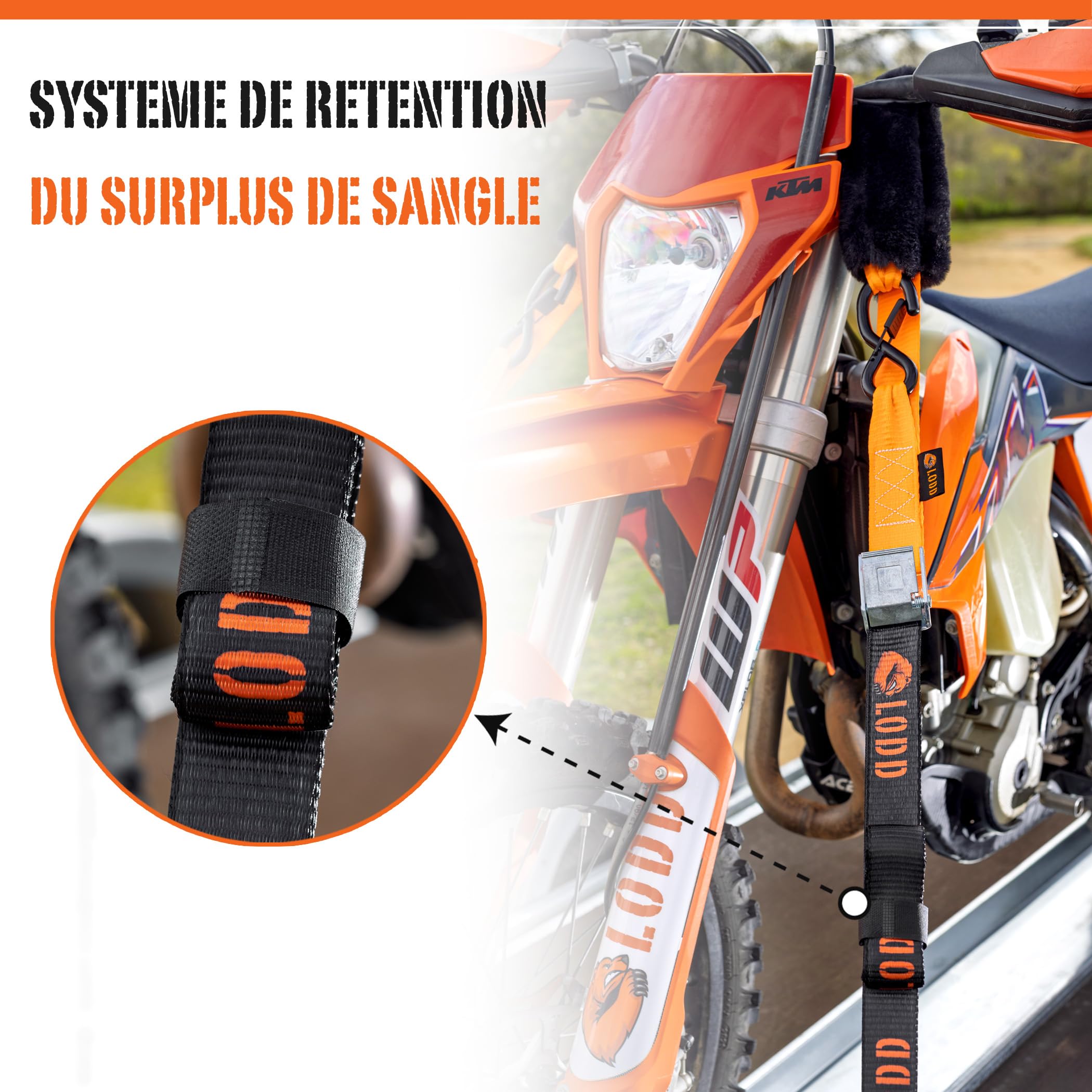 LODD - Sangles Moto Boucles avec Protection en Fourrure Synthétique - Sangles d'Arrimage Résistantes 1500kg - 38mm de Large - Valise Transport Incluse (Boucle/Mousqueton)