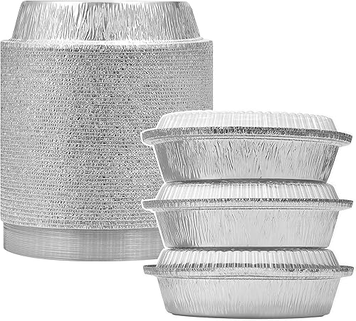 Paquete de 50 sartenes redondas de papel de aluminio de 7 pulgadas con tapas de plástico transparente | Contenedores desechables para hornear,