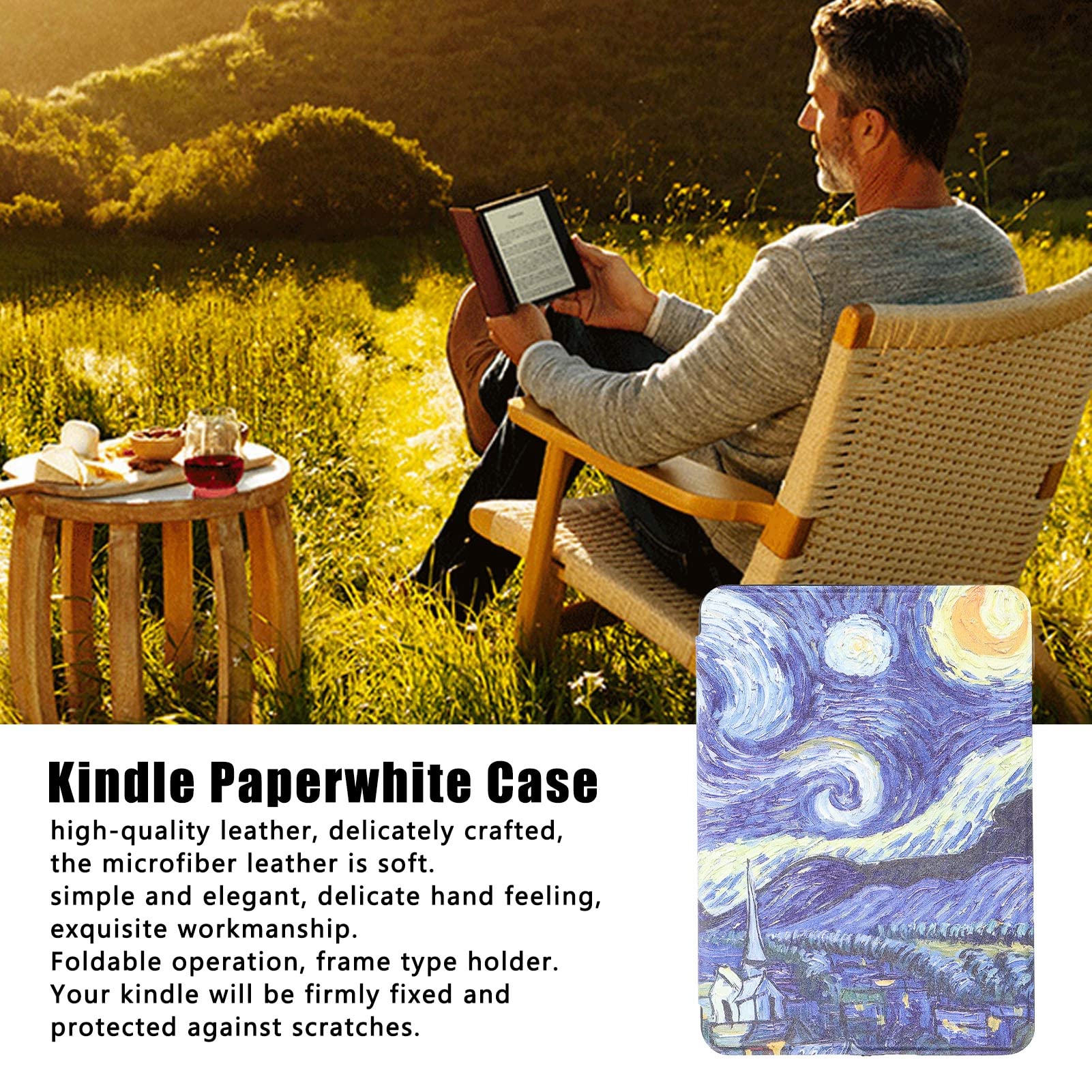 Custodie per lettori elettronici, custodia per lettori elettronici in microfibra pieghevole generosa, morbida e semplice, anti-cadute con interno smerigliato per Kindle(Cielo stellato di Van Gogh)