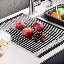 EMBATHER 20.8'' x 13.4'' Large Roll Up Dish Drying Rack, Over The Sink Dish Drying Rack, Folding Dish Rack for Kitchen Counter, Multipurpose Stainless Steel Sink Drying Rack with Anti-Slip Silicone, Black