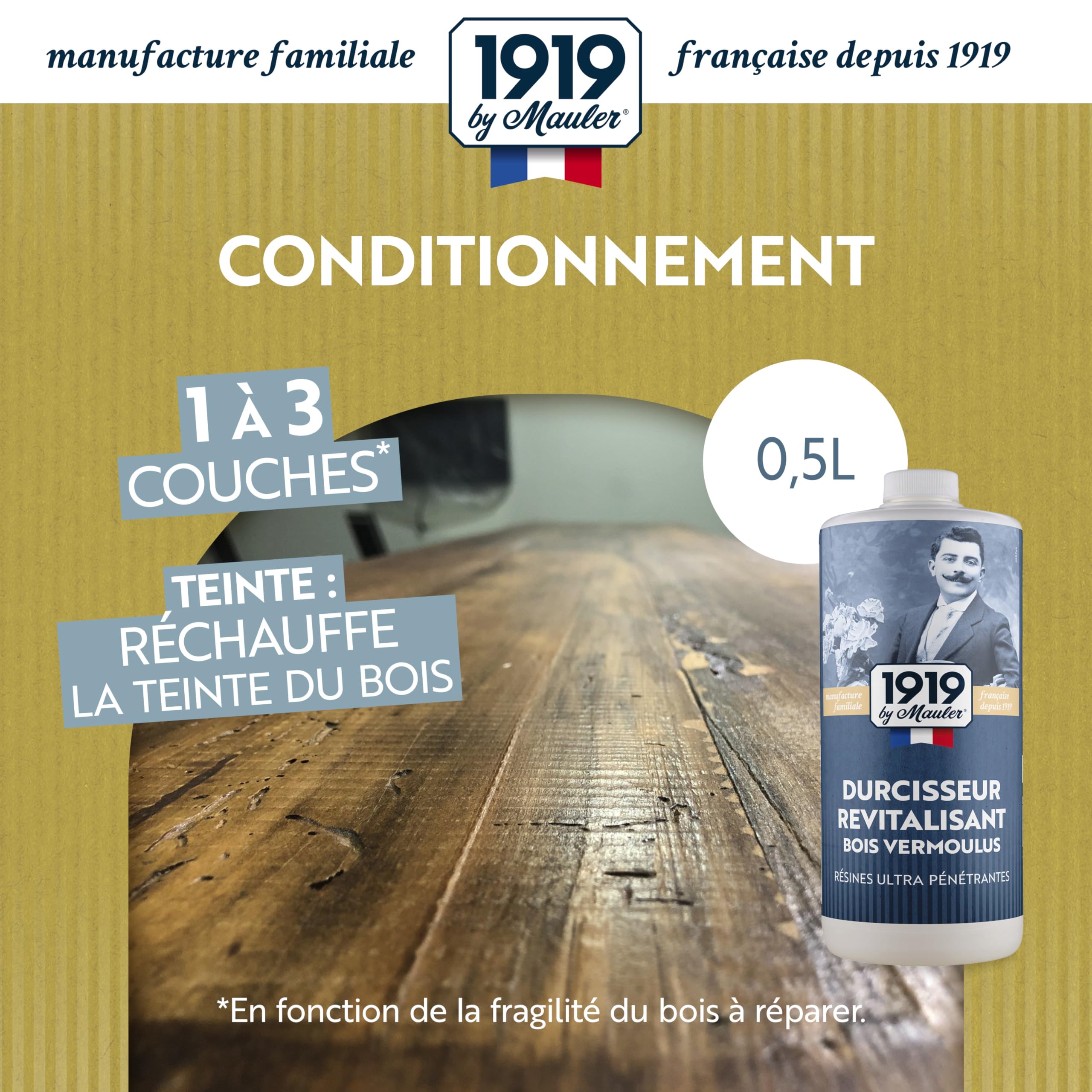 MAULER - Durcisseur bois vermoulu & pourri phase solvant - 0,5L - Solvant Ultra pénétrant - Redonne de la solidité aux bois attaqués et vétustes