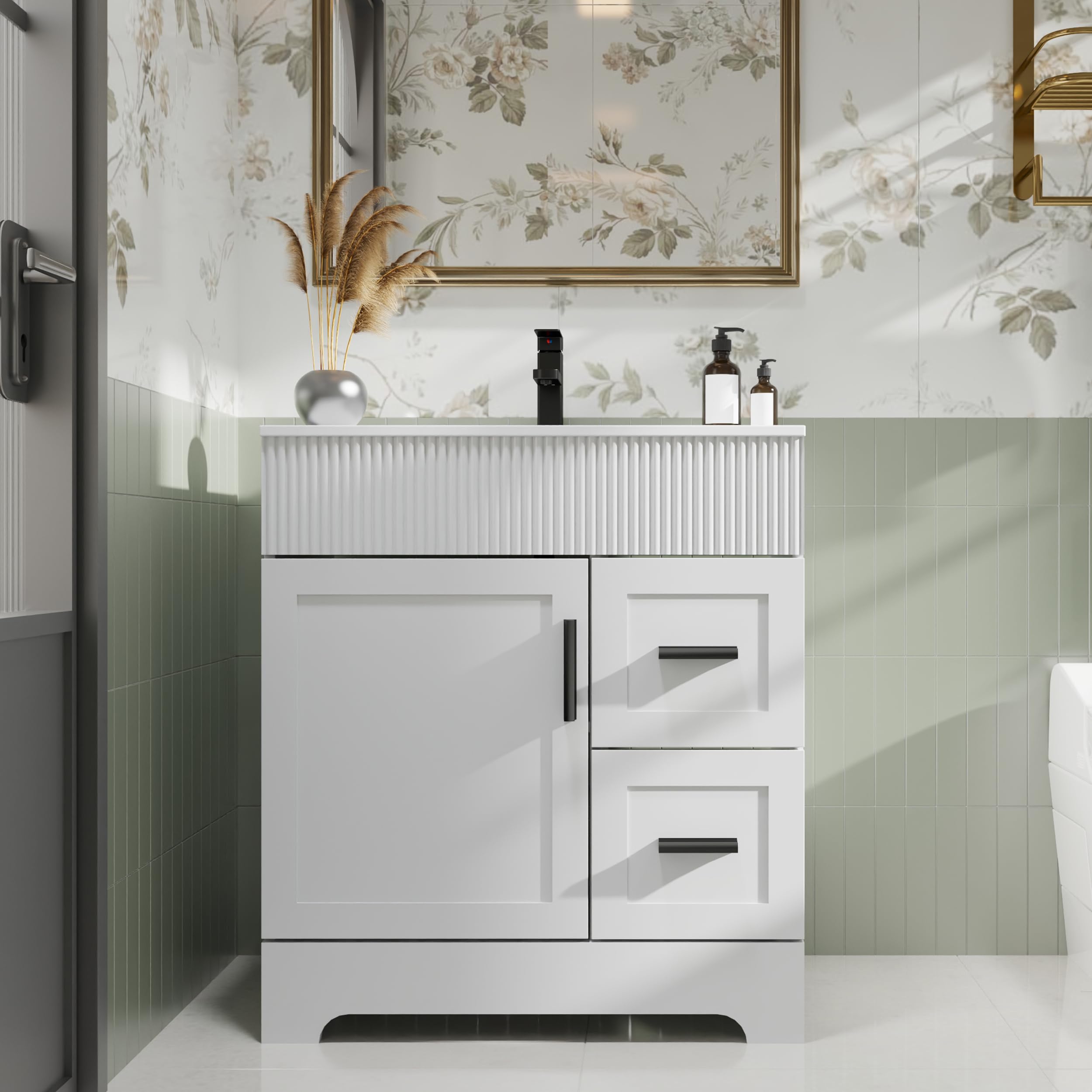 eclife 30" bathroom vanities sink combo with painted surface, modern drawered cabinet w/decorative wave lines, undermount single sink, matte black faucet drain, white