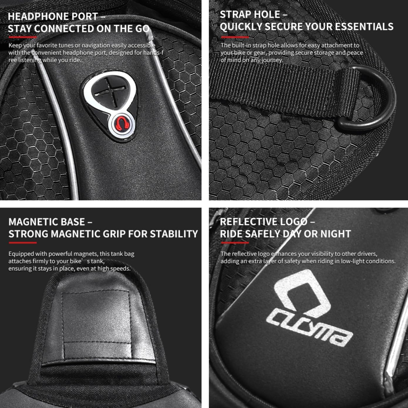 Motorcycle Tank Bag, Magnetic Motorcycle Tank Bag with Detachable Clear Phone Pouch and Rain Cover, Gas Tank Bag for Street and Touring Bikes, Black