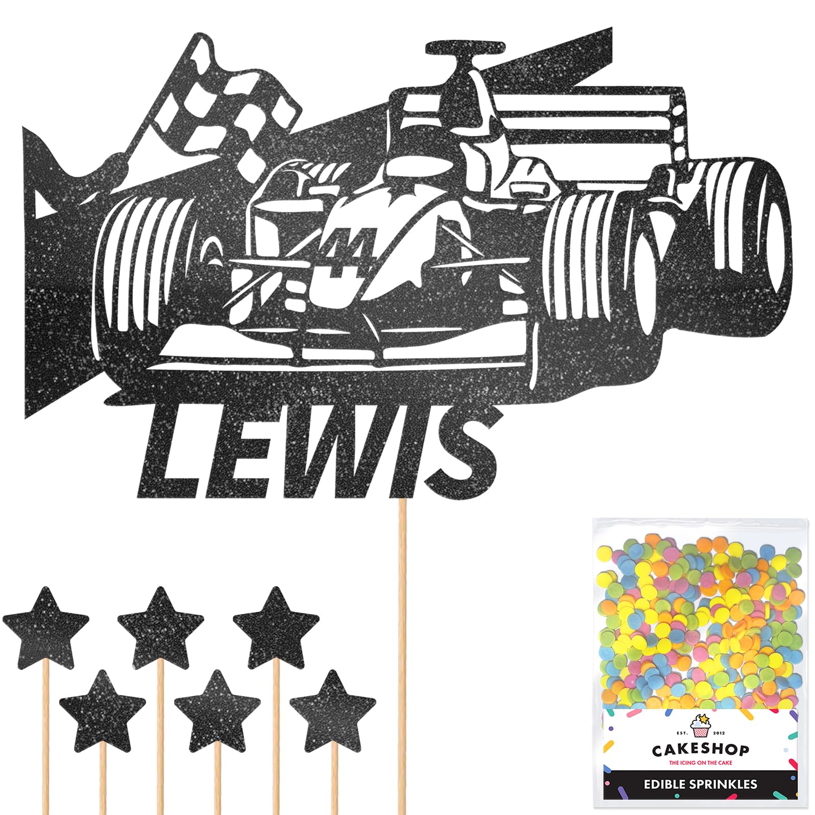 Personalised F1 Motor Racing Car Glitter Cake Topper - Black Custom Age & Name Glitter Cake Decoration and Sprinkles - Happy Birthday Decorations - Personalised Toppers for Cakes by Cakeshop