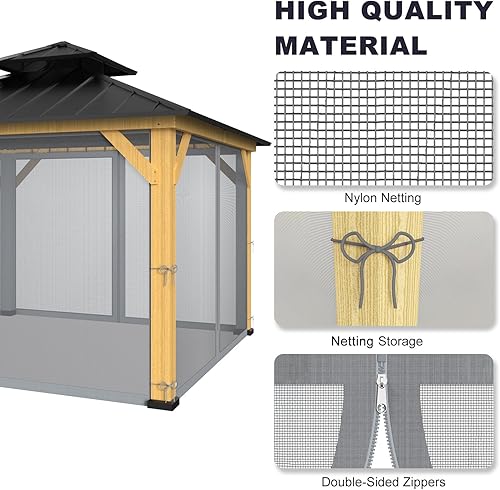 Miniatura 5 de Rejilla de repuesto para kiosco de 10 x 12 pies, mosquitera universal de 4 paneles para kiosco con cremalleras (solo red), color gris