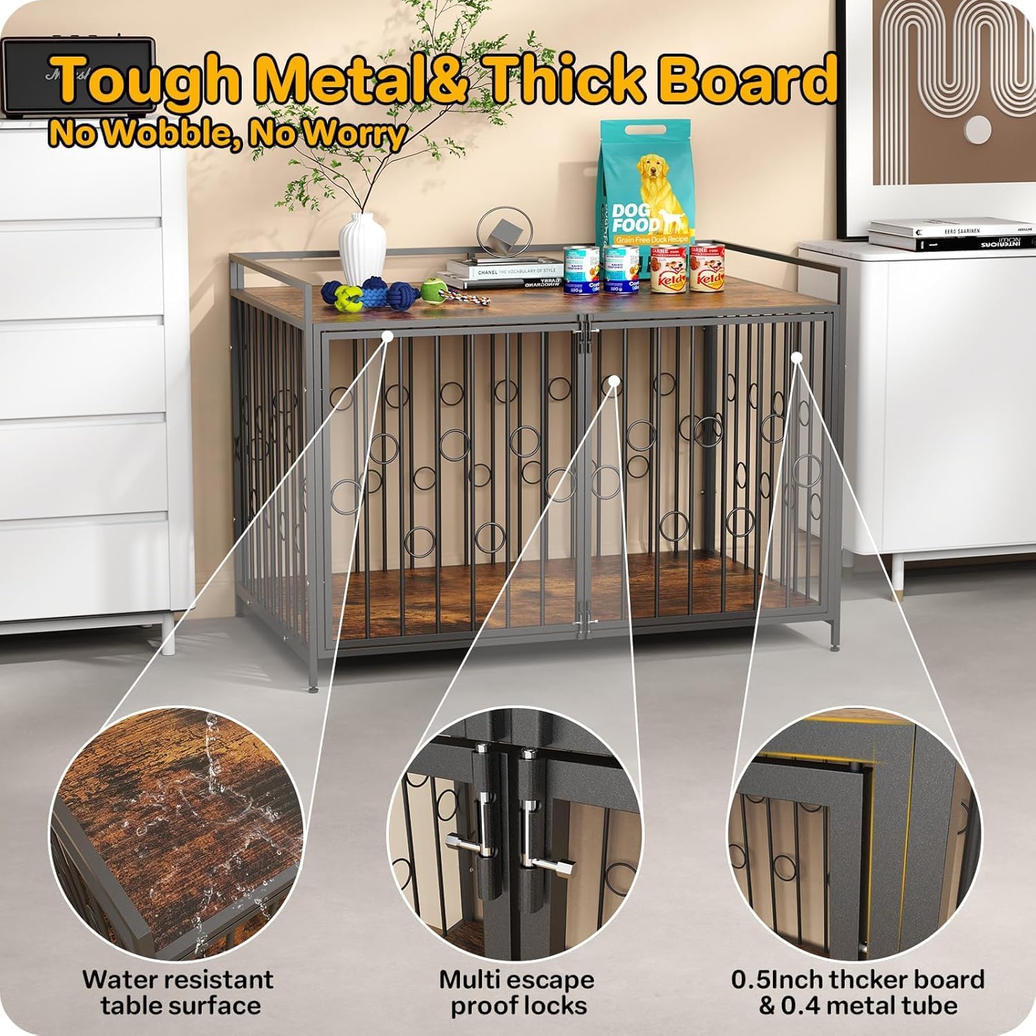 48 Inch XL Dog Crate Furniture for Extra Large Dogs, Heavy Duty Wooden Dog Kennel Table with Storage Shelf, Unique Modern Round Decorative Pet Crate End Table, Sturdy Indoor Dog House