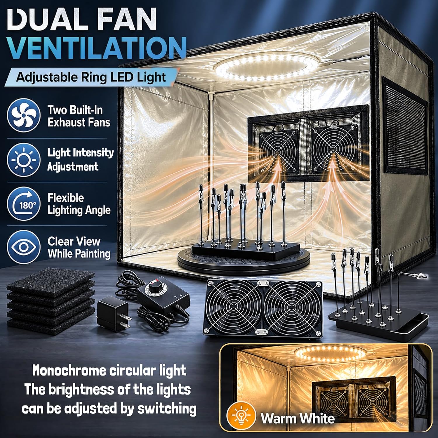 Portable Paint Booth Kit - Foldable Airbrush Spray Booth Built-in LED Lights, Dual Exhaust Fans, Turntable & 12 Magnetic Coloring Clips for Model/Art Painting