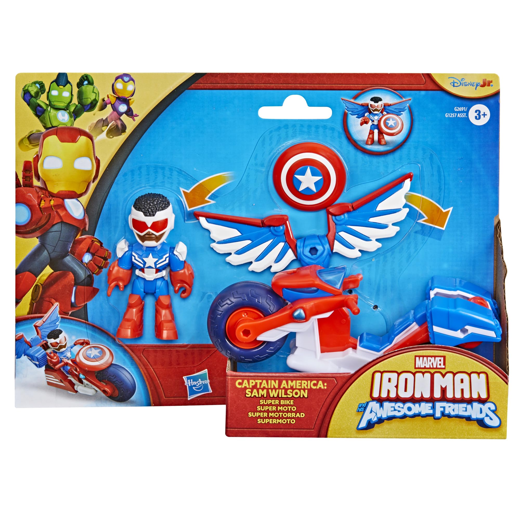 Marvel Iron Man and His Awesome Friends, Capitán América: Sam Wilson Super Bike, Figura de acción y Moto de Juguete