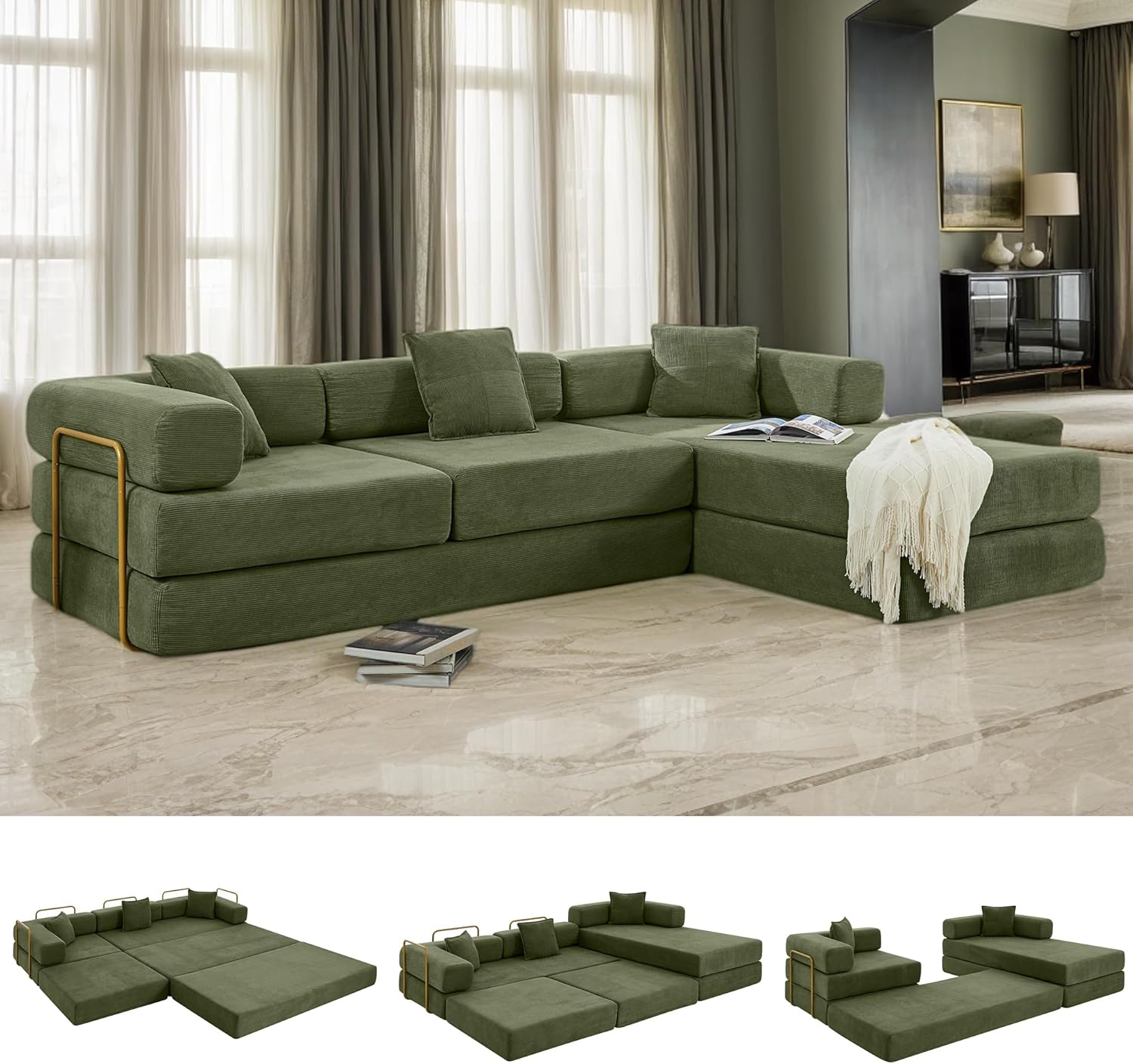 108" W Corduroy Modular Cloud Couch with Fixed-Shape Frame, Oversized L-Shaped Sectional Sleeper Sofa Bed with Pull Out Bed, No Assembly, Modern Floor Boneless Couch for Living Room (Green)