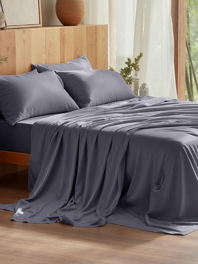 Bedsure Queen Sheet Set, Cooling Sheets for Queen Size Bed Set, Rayon Derived from Bamboo, Breathable & Soft, Deep Pocket Up to 16", Hotel Luxury Silky Bedding for Hot Sleepers, Dark Grey