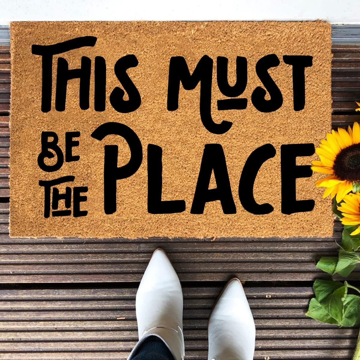 Funny Welcome Coir Doormat - This Must Be The Place Front Porch Decor for The Entrance Way Indoor & Outdoor - Personalized Heavy-Duty Non Slip Outdoor Patio Rug 23.6x15.7 Inch