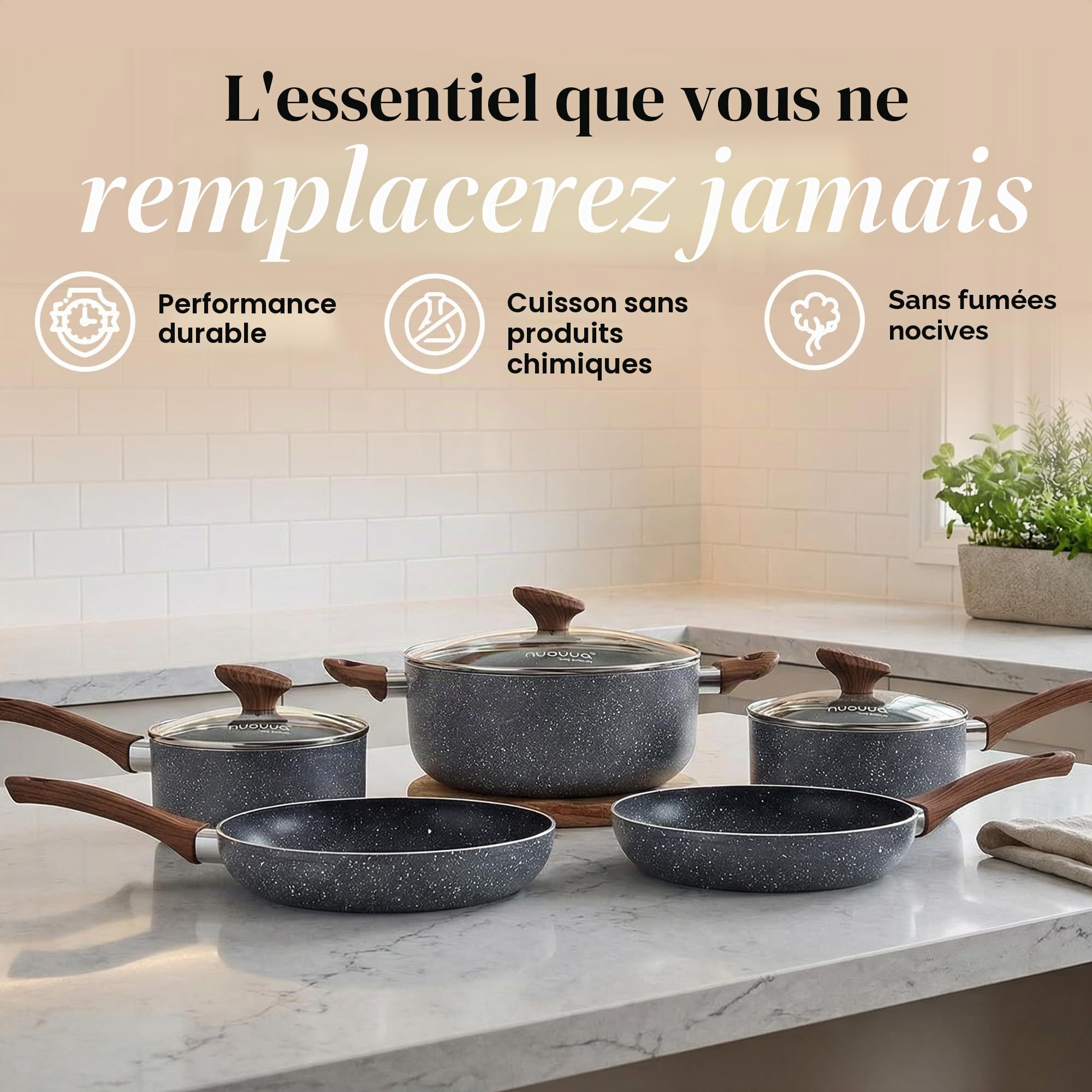 Ensemble de casseroles et poêles antiadhésives - Plaque à induction - Batterie de cuisine 8 pièces avec couvercle - Cuisiner avec marmite et poêles en marbre - par Nuovva