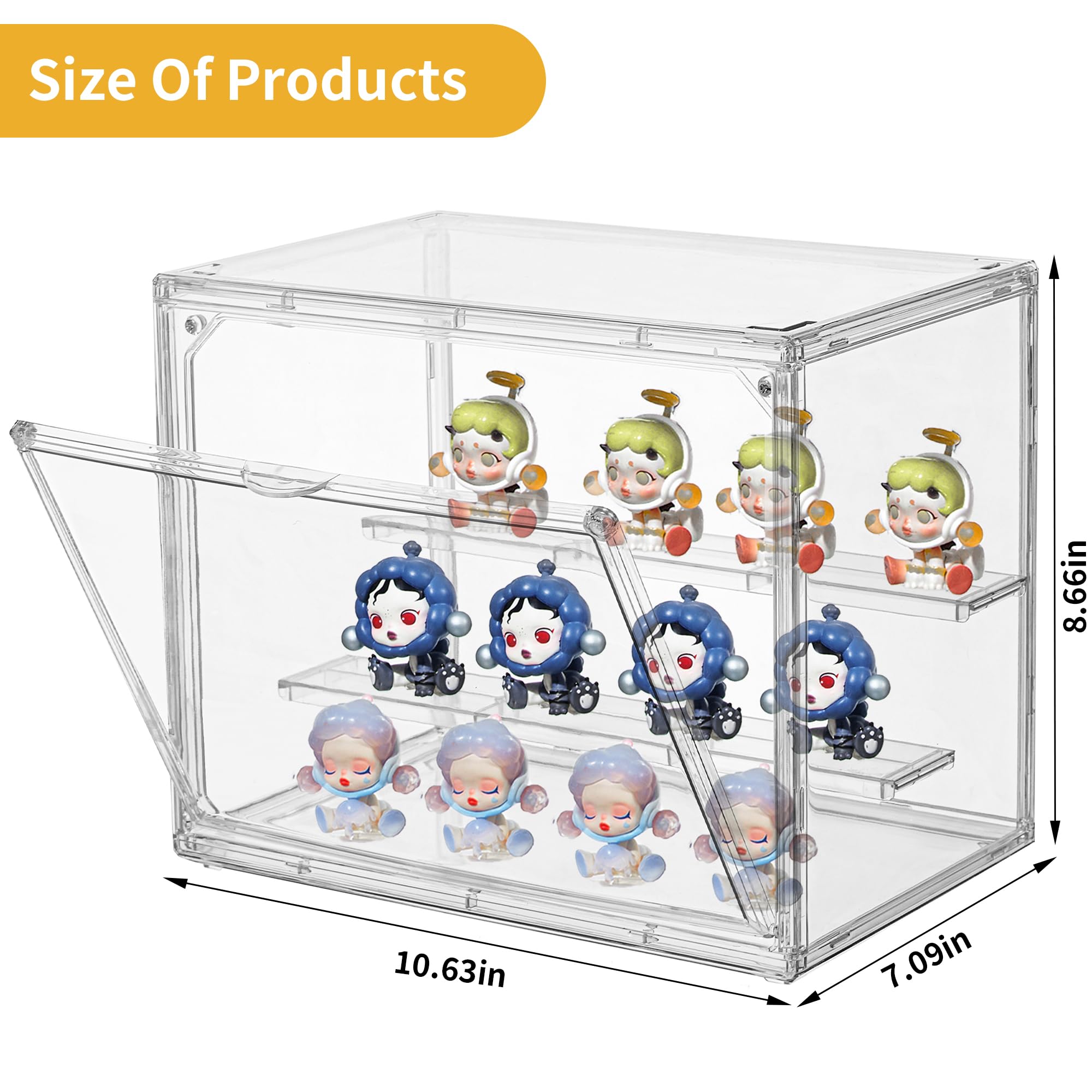 Acrylic Display Case,3 Layer Clear Display Case Adjustable Display Box Stand with 2 Movable Dividers Small Showcase Magnetic Door for Collections Mini Figures