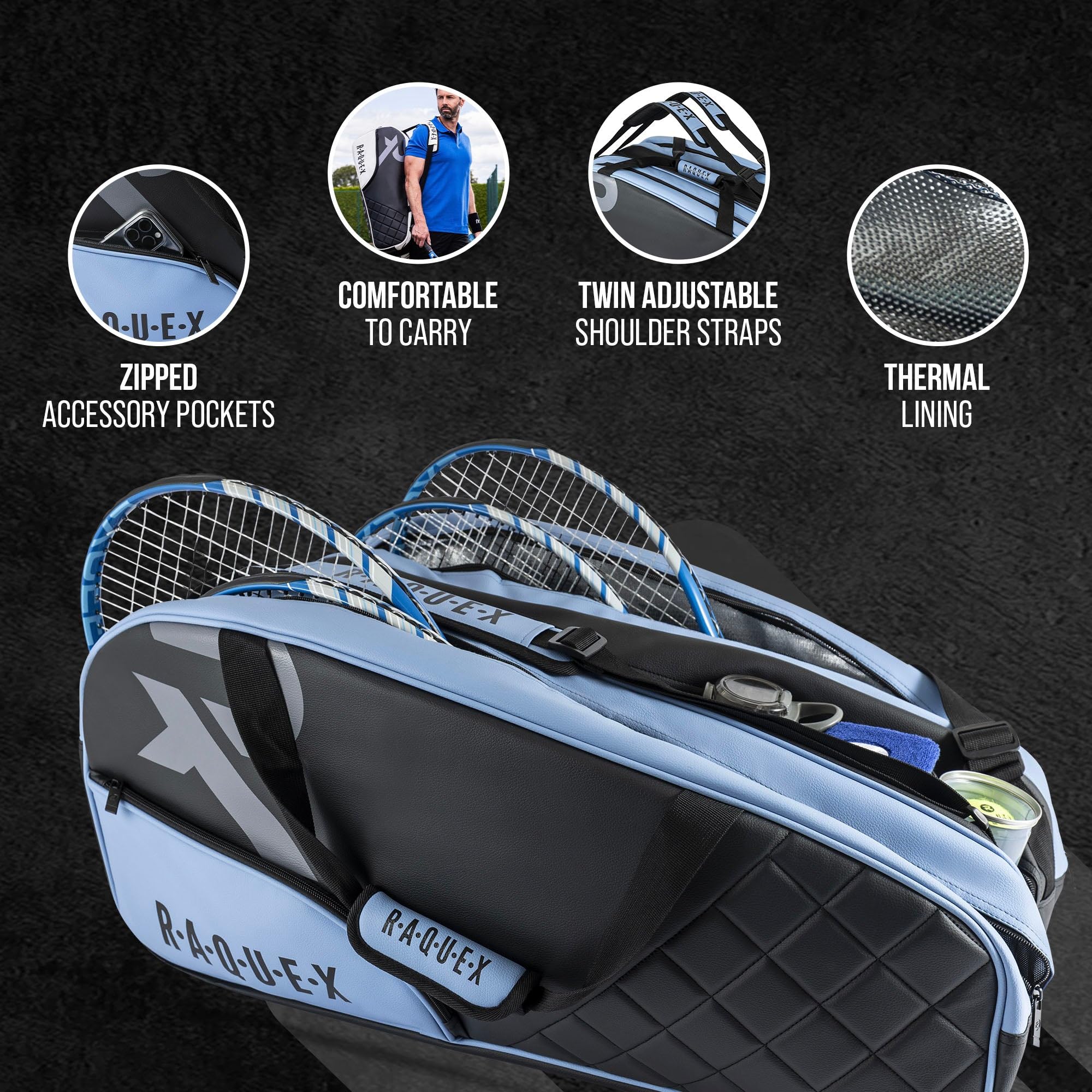 Raquex Elite - Borsa per 6 racchette da tennis, in pelle sintetica, trapuntata, con fodera termica, scomparto per scarpe, badminton, squash, per uomo e donna