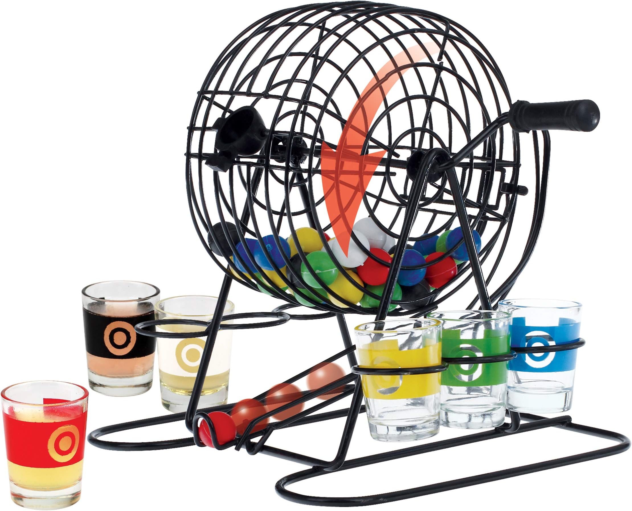 Barbuzzo Drinking Bingo Party Game - Metal Bingo Cage, 48 Colored Bingo Balls, and 6 Glass Shot Glasses - Fun Drinking Game