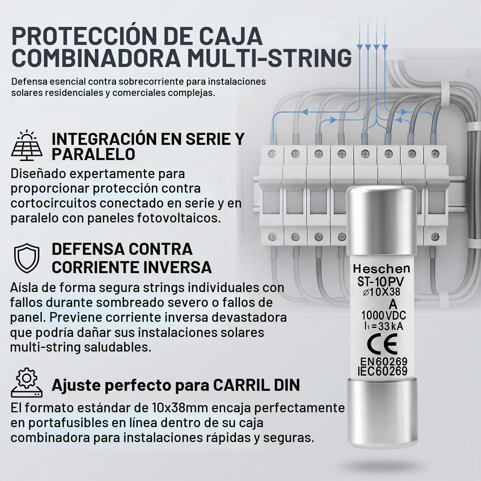 Heschen ST-10PV Pack de 10 Fusibles Solares PV 32A 1000V DC | TÜV 10x38mm gPV Fusible Fotovoltaico para Caja de Conexiones e Inversor, 33kA, IEC 60269-6