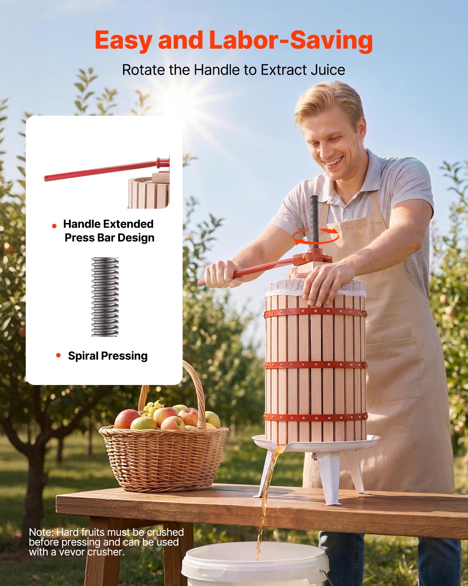 VEVOR Pressa Manuale Premitutto per Vino, Torchietto Manuale in Legno 30 Litri per Succhi Frutta Mele Uva Arance Verdure, Cestello in Legno Massello di Faggio, Pressa con 2 Sacchetti di Filtro
