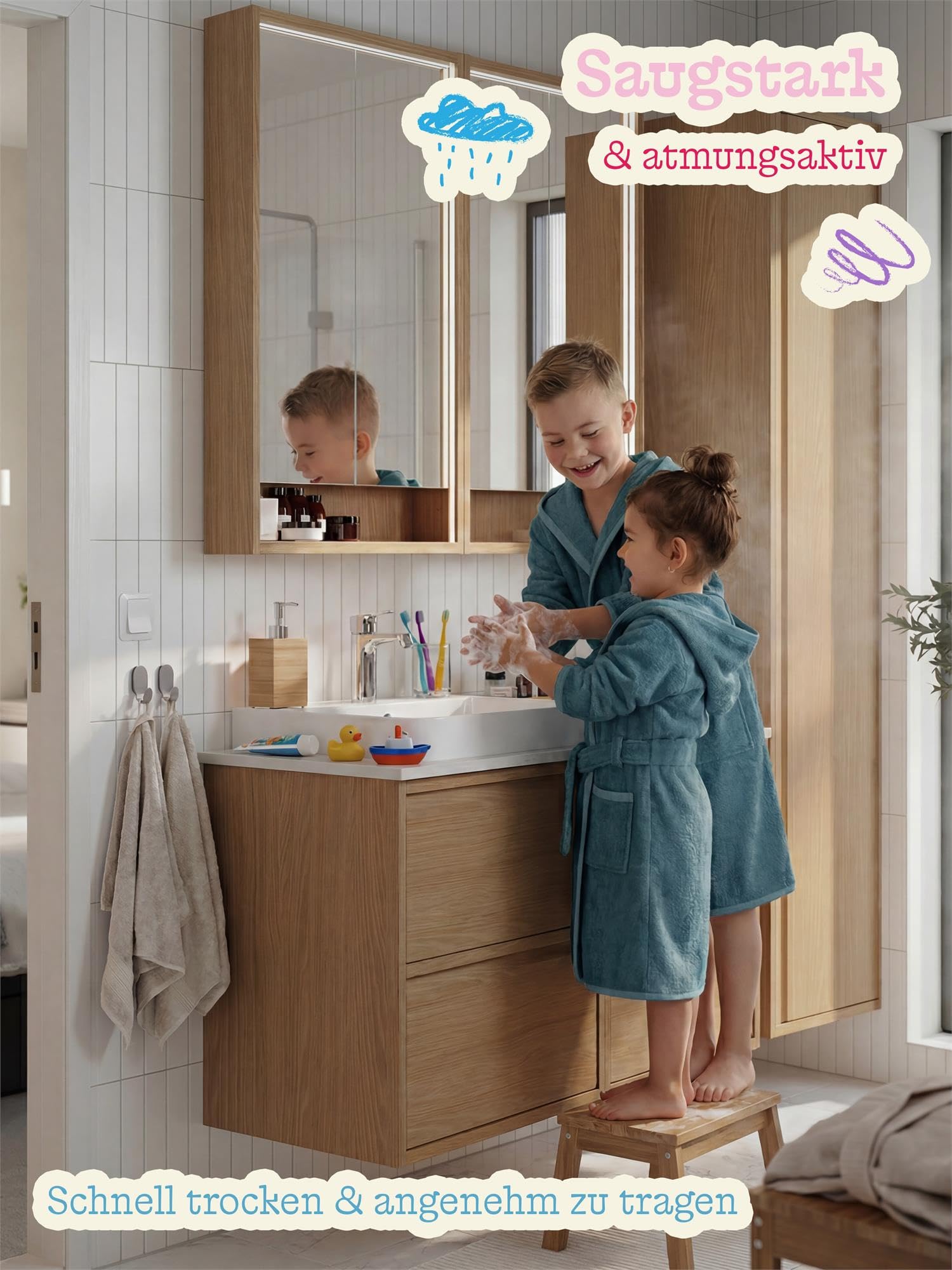 normani Kinder Bademantel auf 100% Bio-Baumwolle Badetuch für Jungen und Mädchen - Frottee Kapuzenbademantel