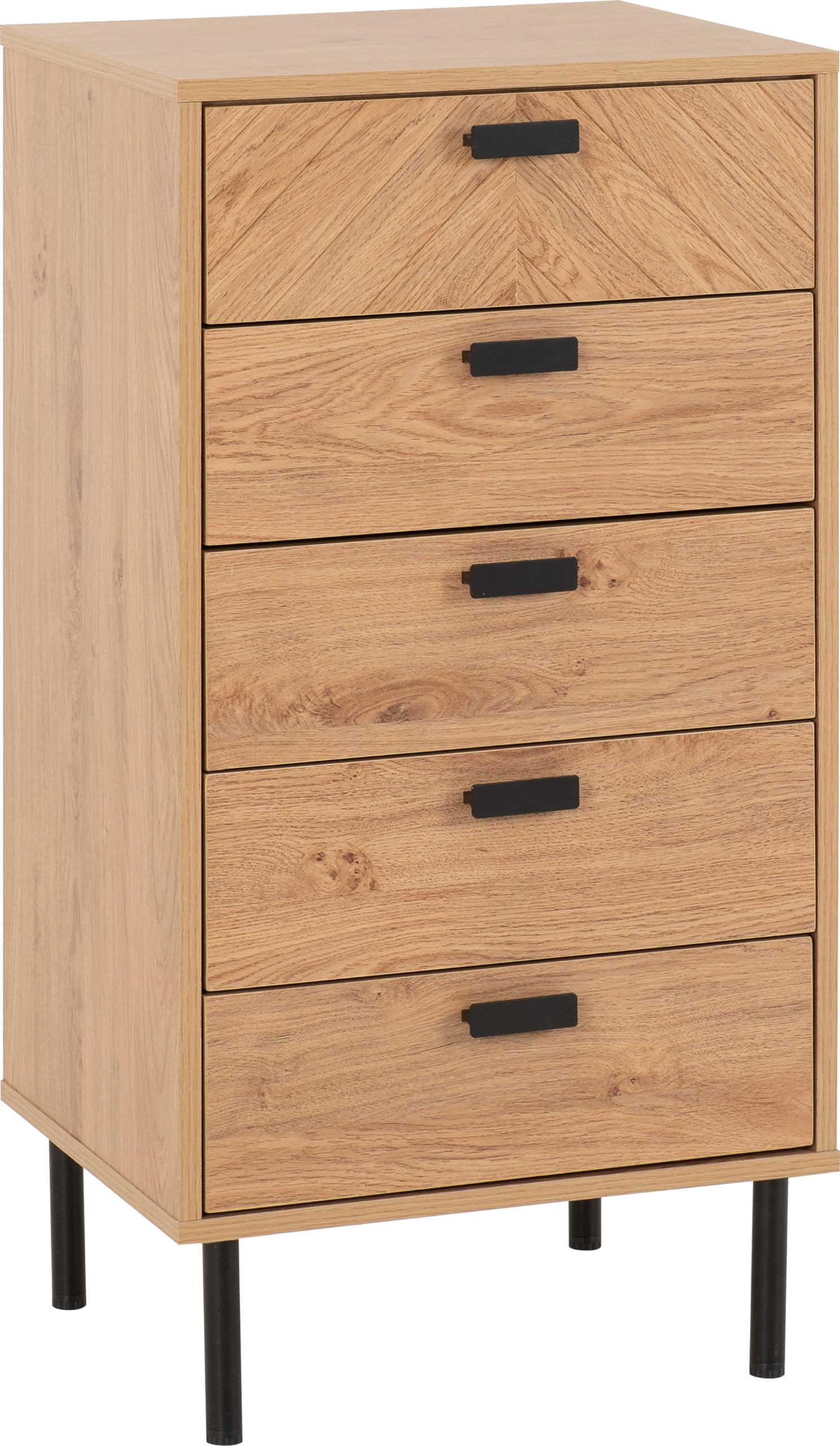 Seconique Leon 5 Drawer Narrow Chest Medium Oak Effect Metal Legs Brown