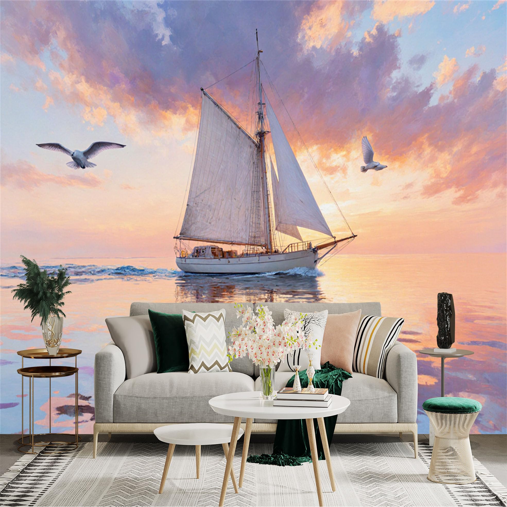 Custom Size Wall Sticker Mural， Sailboat on Ocean at Sunset， Flying Seagulls， Calm Seascape Art， Scenic Nautical View， for wall Decoration， peelandstick wall Decals.