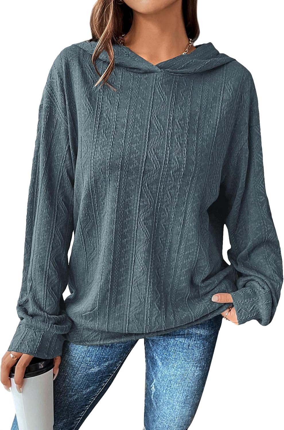 SOLY HUX Women's Long Sleeve Hoodies Drop Shoulder Textured Hooded Sweatshirt Casual Pullover Tops